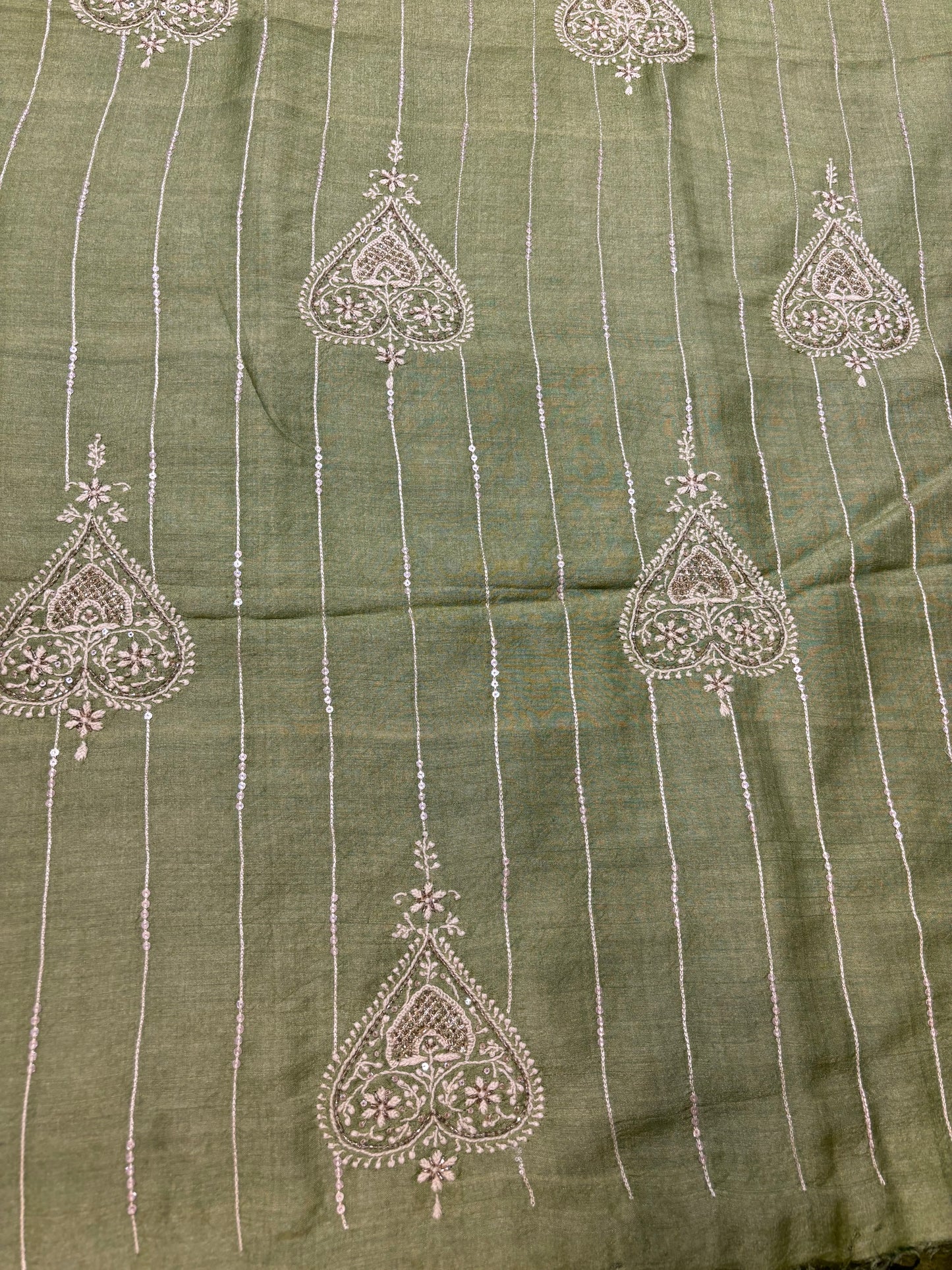 Mehendi Green Monga Silk Chikankari 3pc Set Fabric