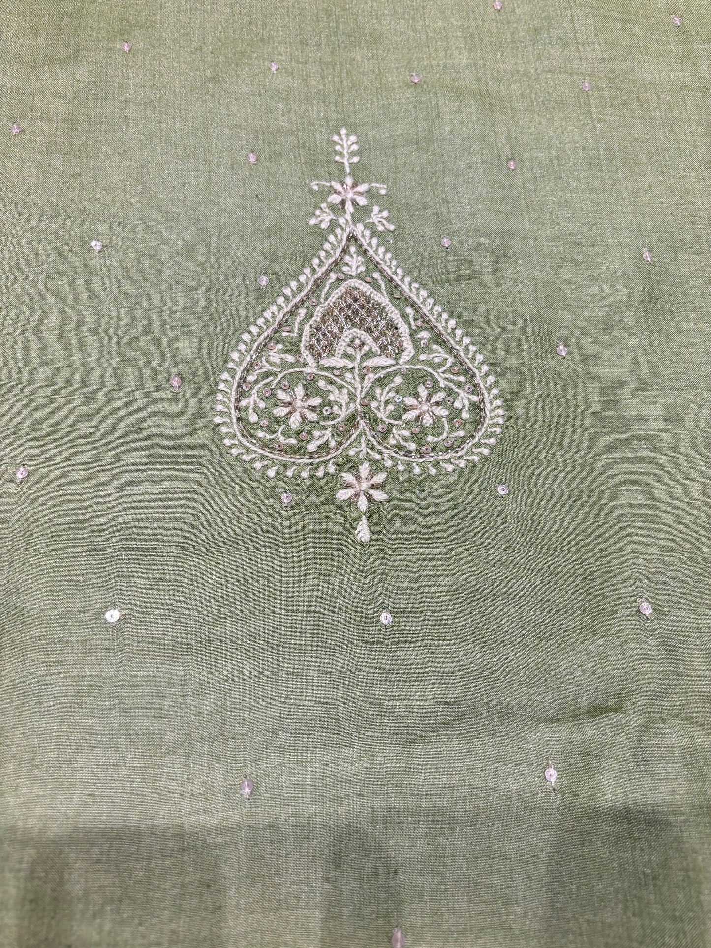 Mehendi Green Monga Silk Chikankari 3pc Set Fabric