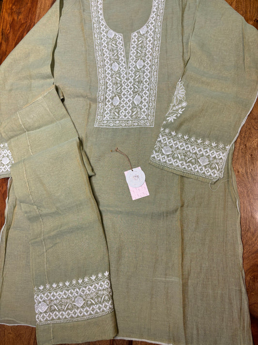 Olive Pure Tissue Chikankari Co-Ord Set