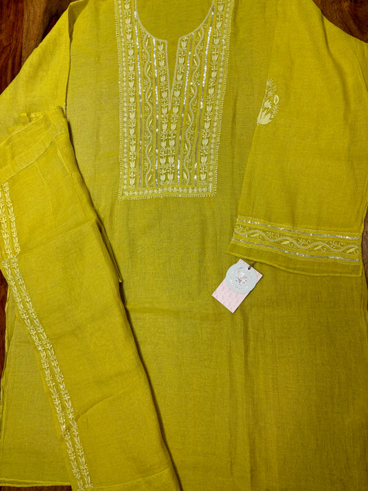 Lime Green Pure Tissue Chikankari Co-Ord Set