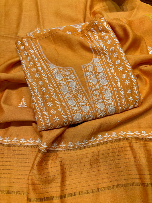 Orange Monga Silk Chikankari Kurta and Dupatta