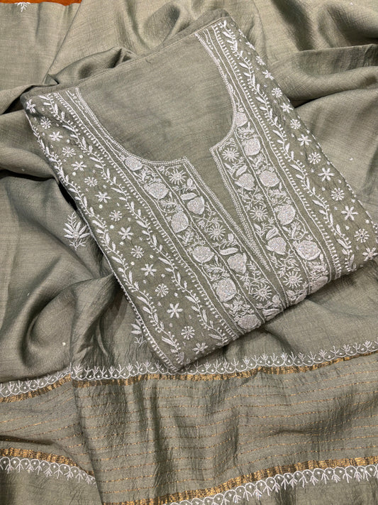 Olive Monga Silk Chikankari Kurta and Dupatta