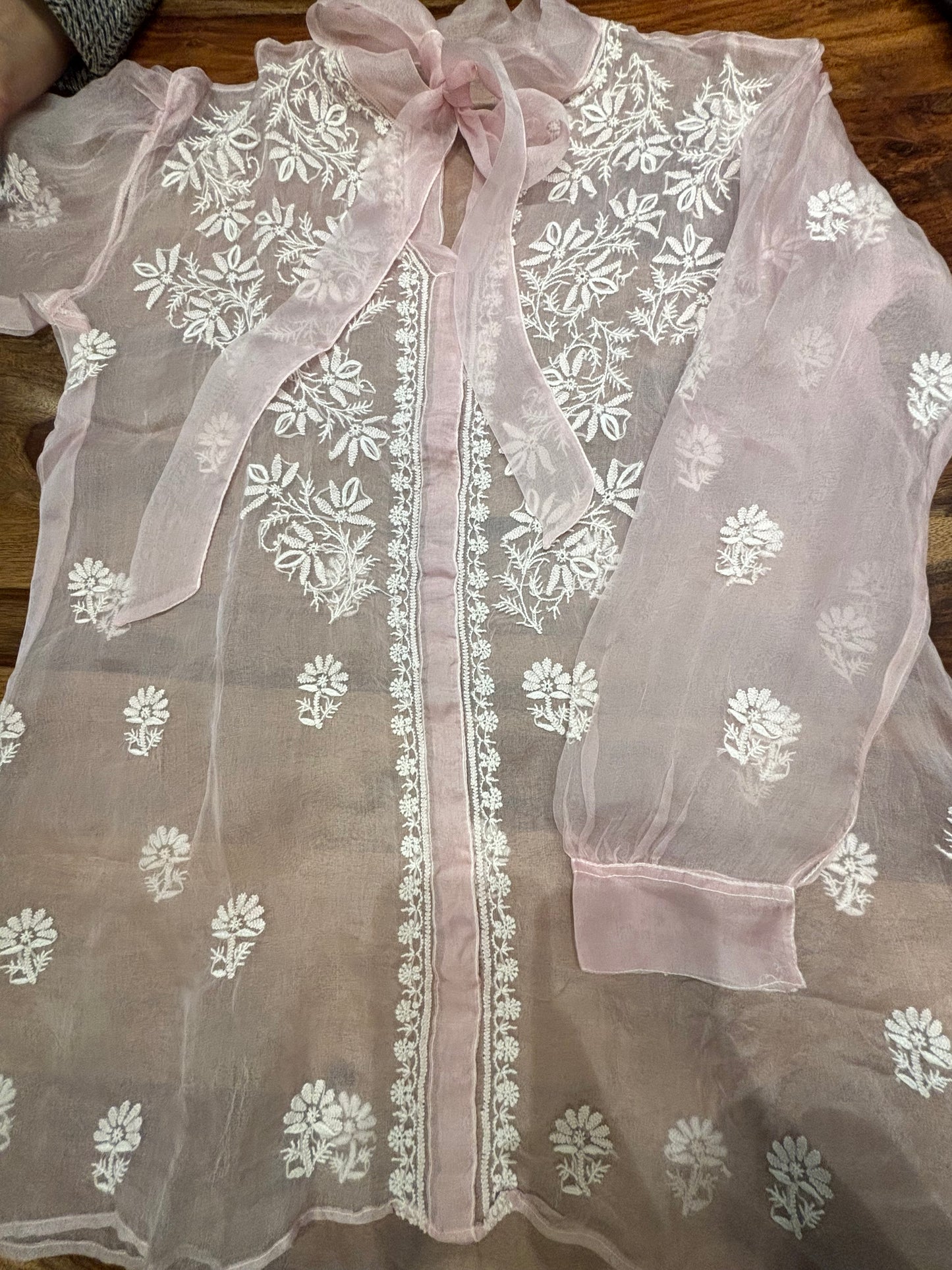 Blush Pink Organza Silk Chikankari Shirt