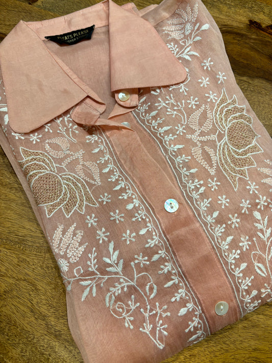 Dusty Peach Organza Silk Chikankari Shirt