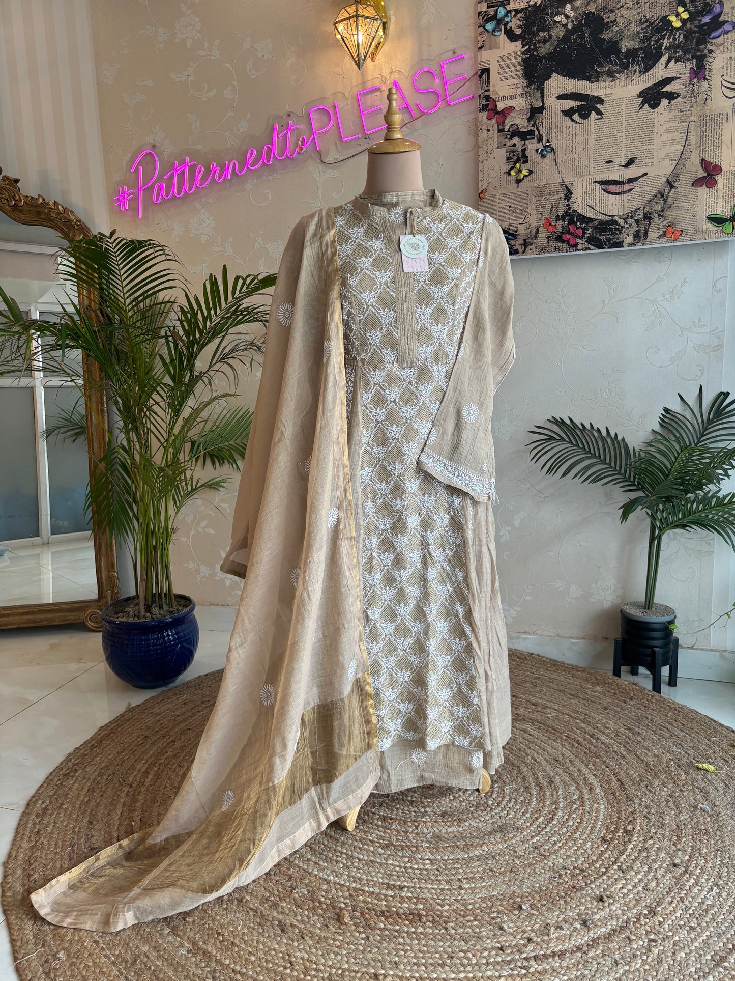 Hazelnut Pure Tissue Chikankari Anarkali and Dupatta