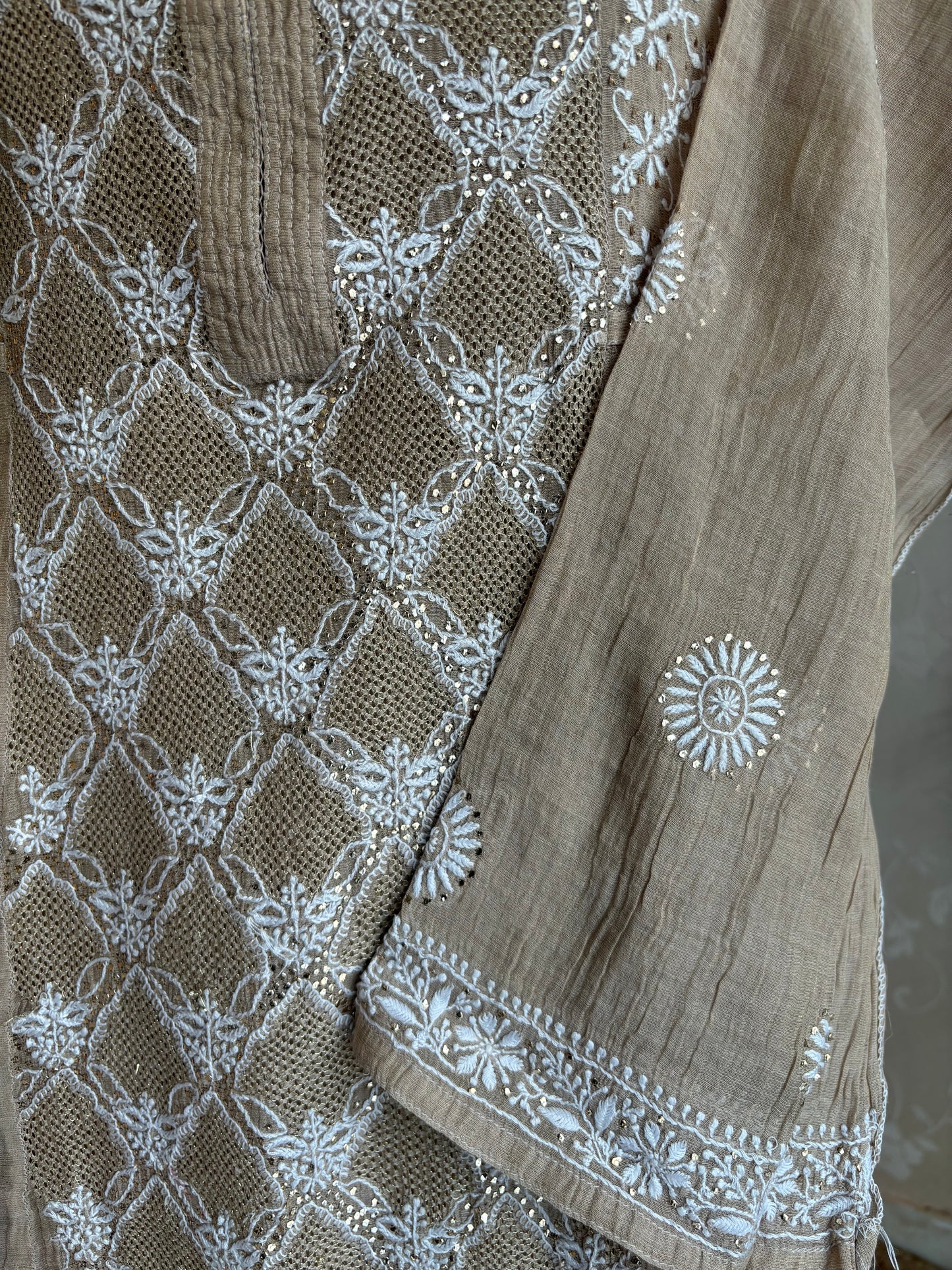 Hazelnut Pure Tissue Chikankari Anarkali and Dupatta