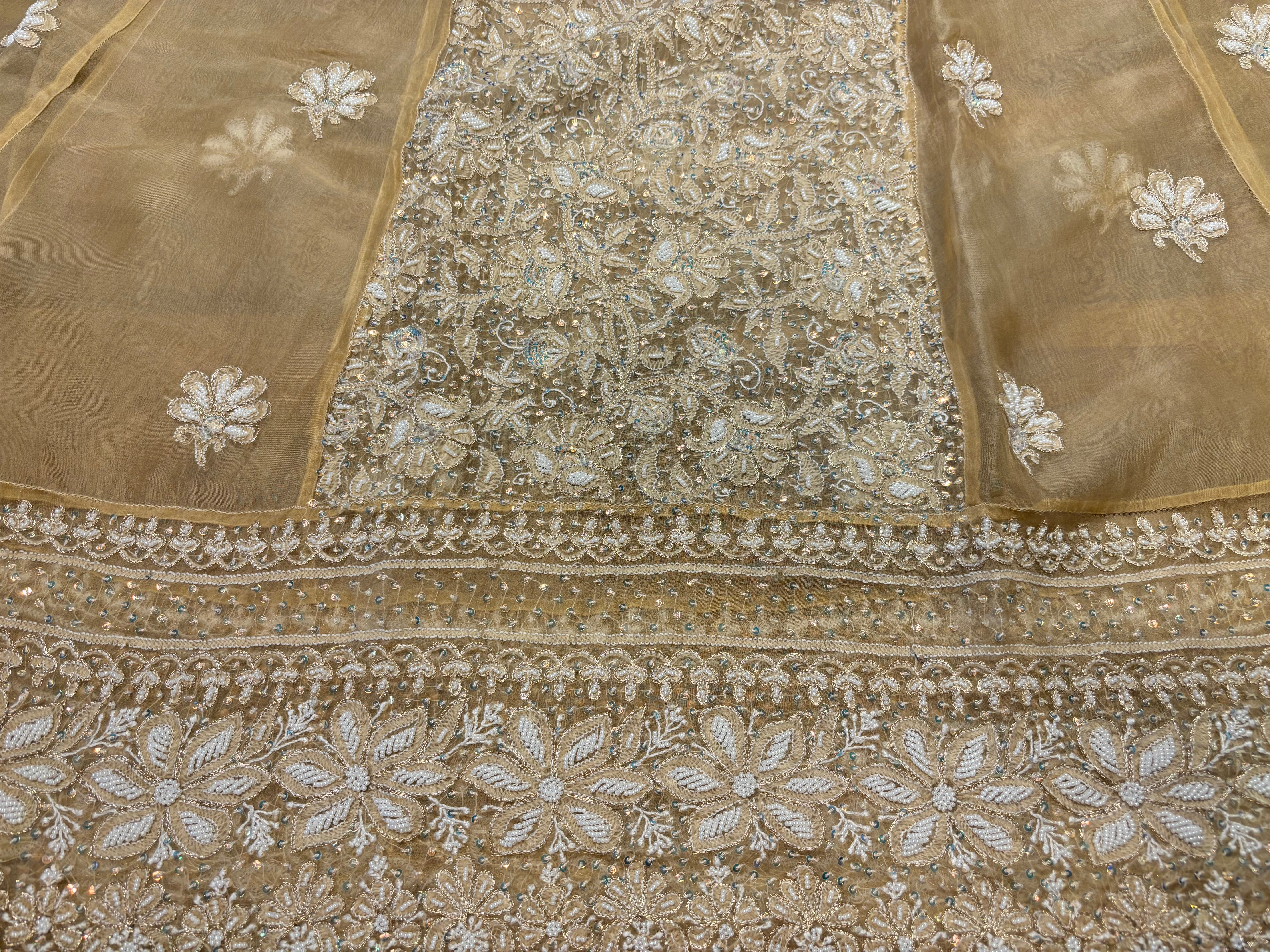 Oscar Gold Organza Silk Chikankari Anarkali and Dupatta