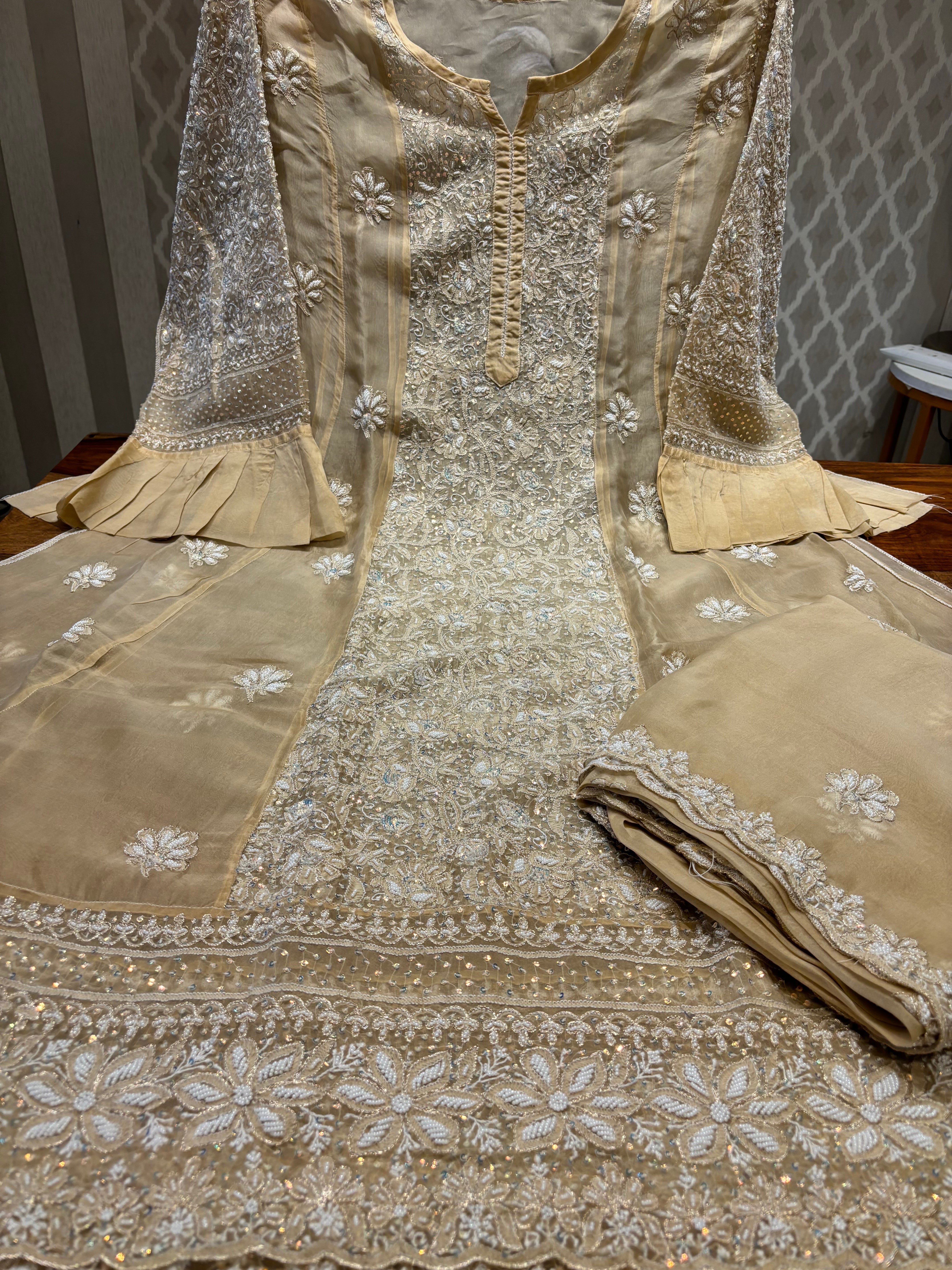 Oscar Gold Organza Silk Chikankari Anarkali and Dupatta