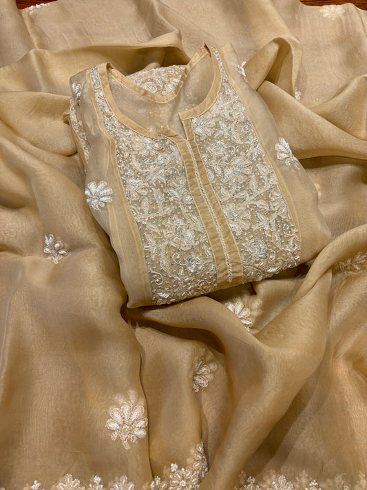 Oscar Gold Organza Silk Chikankari Anarkali and Dupatta