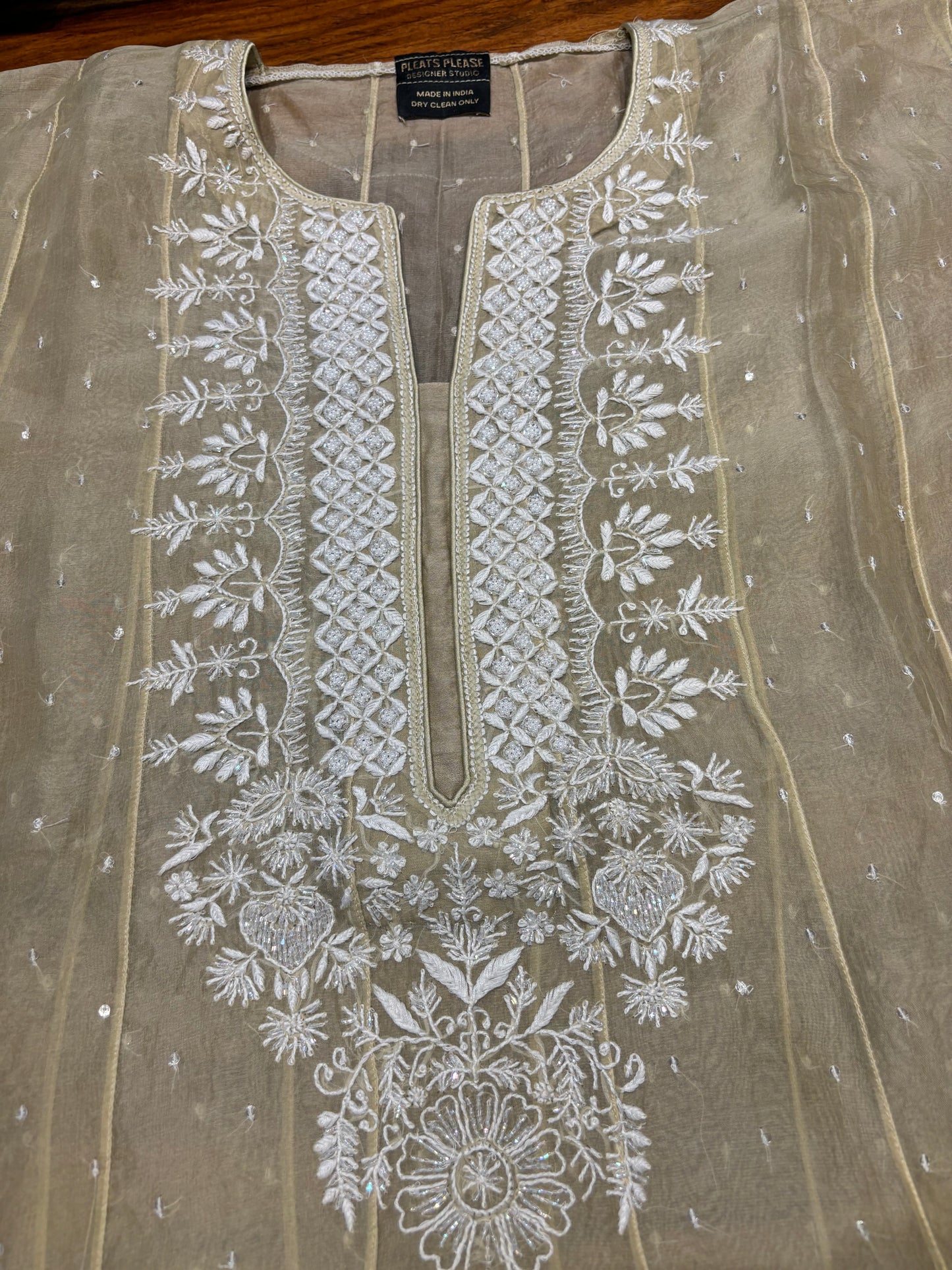 Brushed Gold Organza Silk Chikankari Anarkali and Dupatta