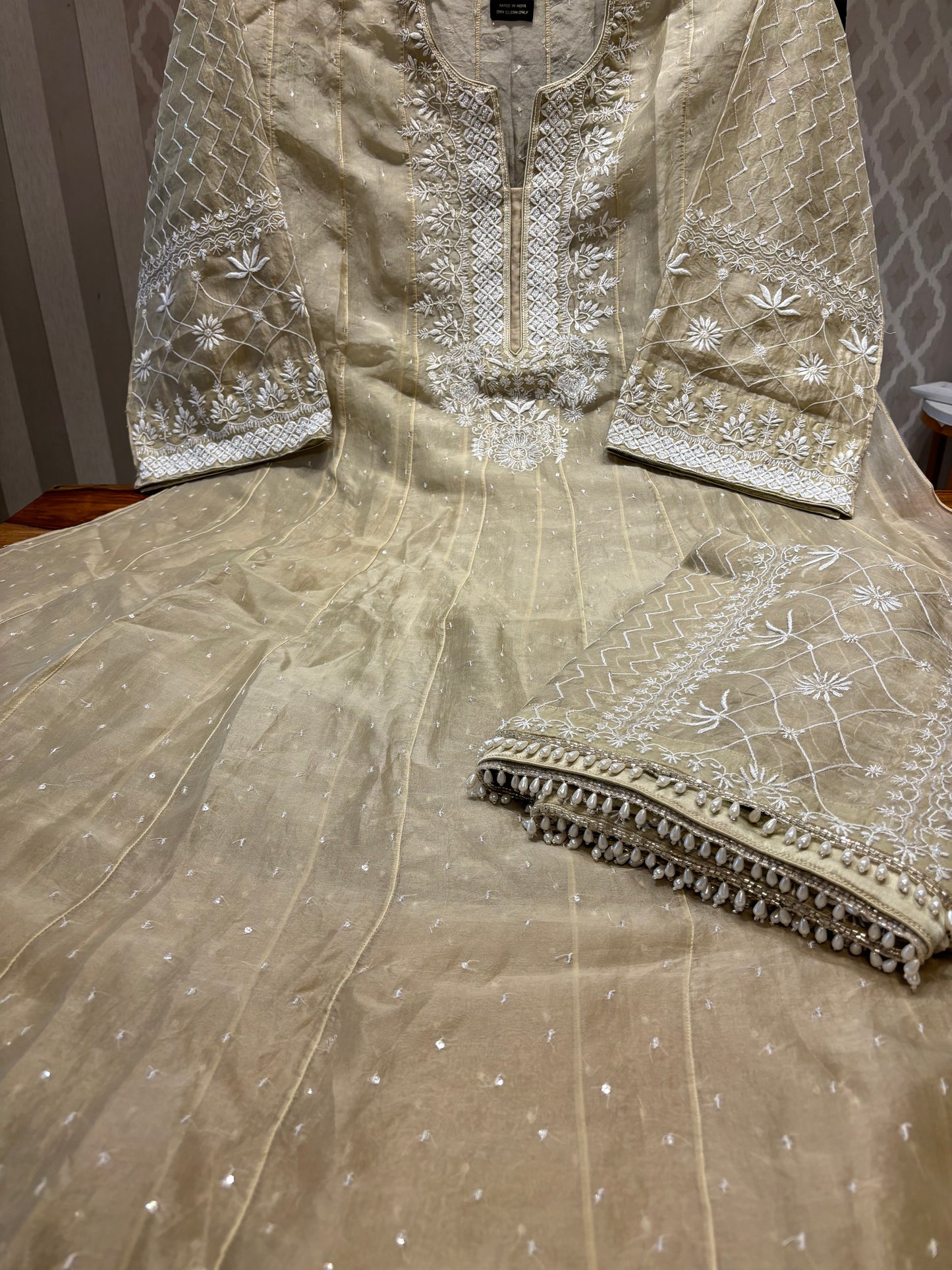 Brushed Gold Organza Silk Chikankari Anarkali and Dupatta