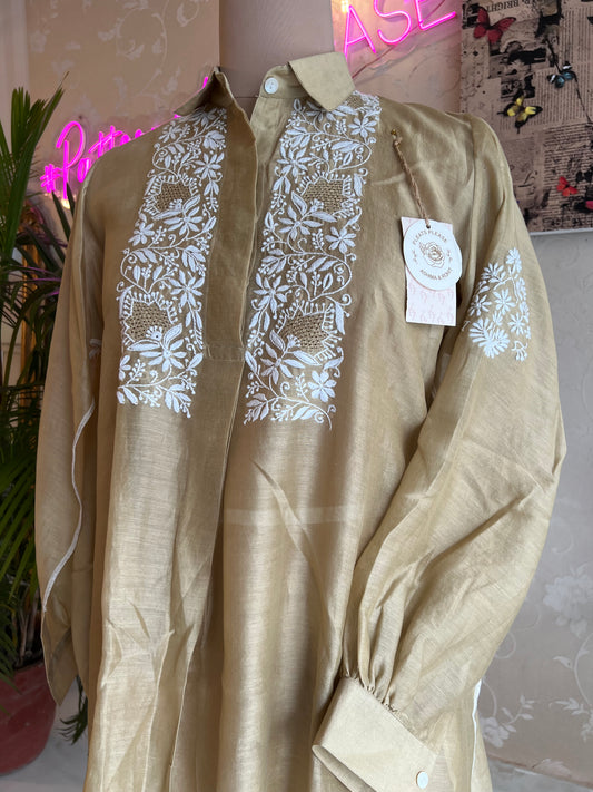 Natural Gold Chanderi Chikankari Shirt