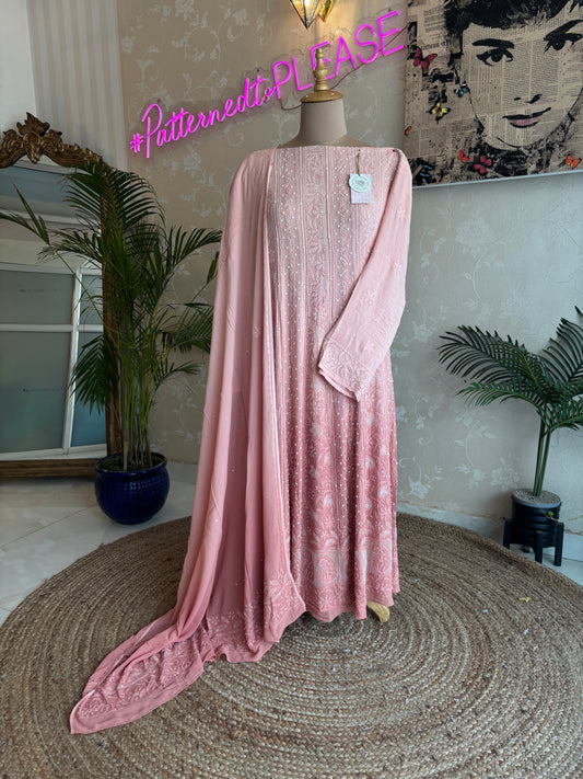 Rose Gold Ombre Half Pure Georgette Chikankari Anarkali and Dupatta