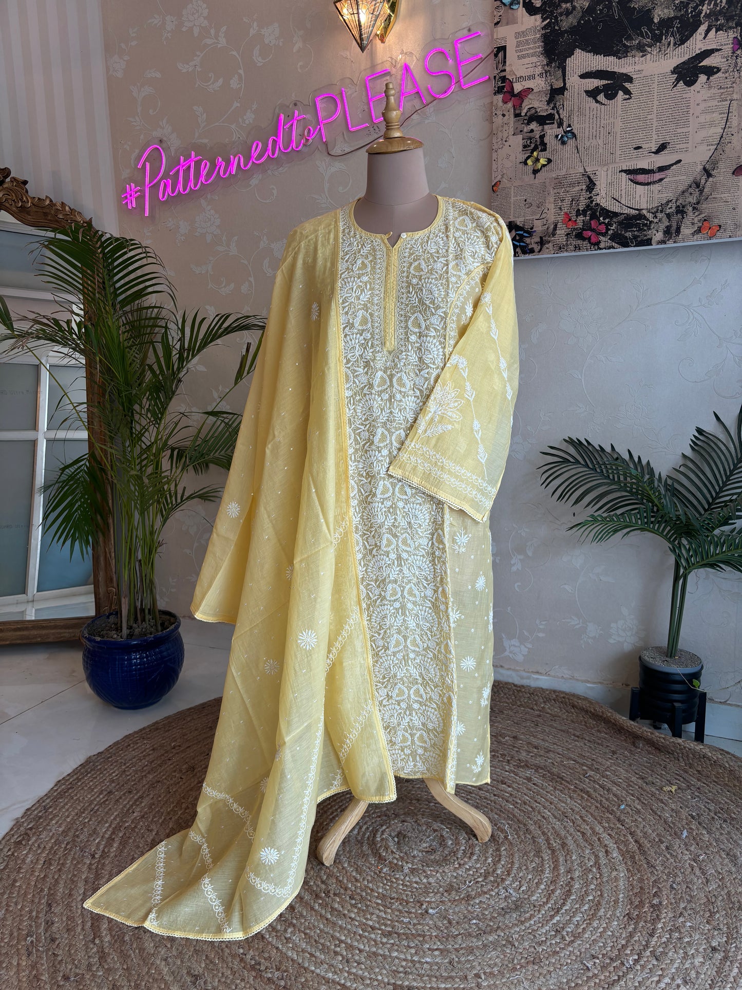 Yellow Chanderi Mul Chikankari Kurta and Dupatta