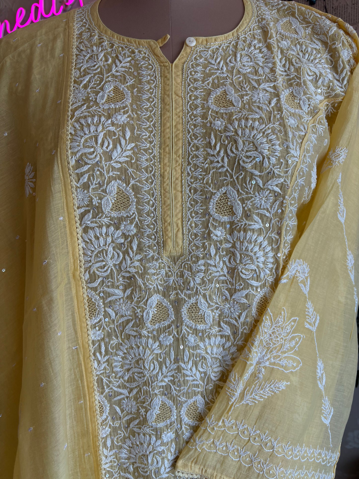 Yellow Chanderi Mul Chikankari Kurta and Dupatta