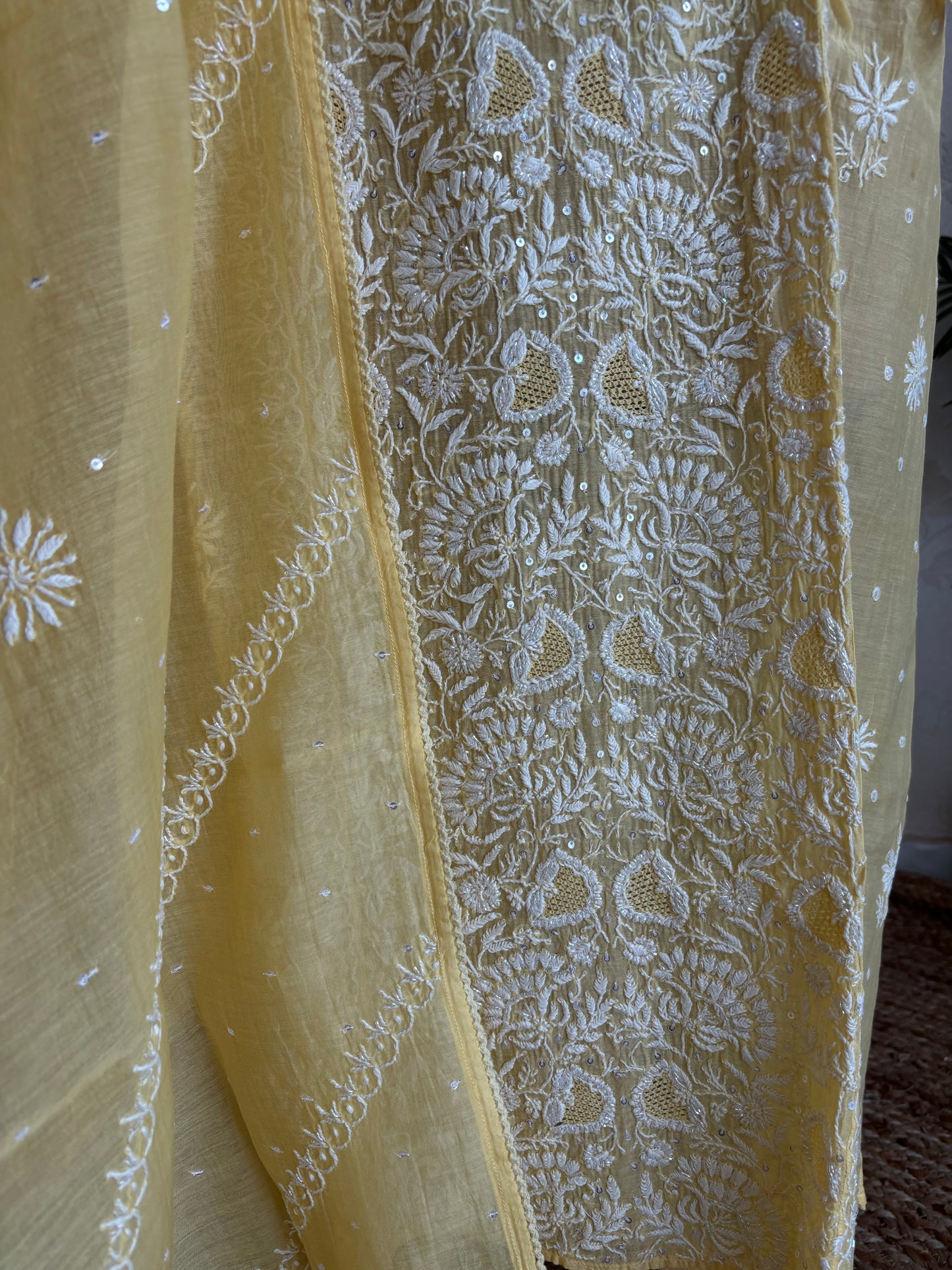 Yellow Chanderi Mul Chikankari Kurta and Dupatta