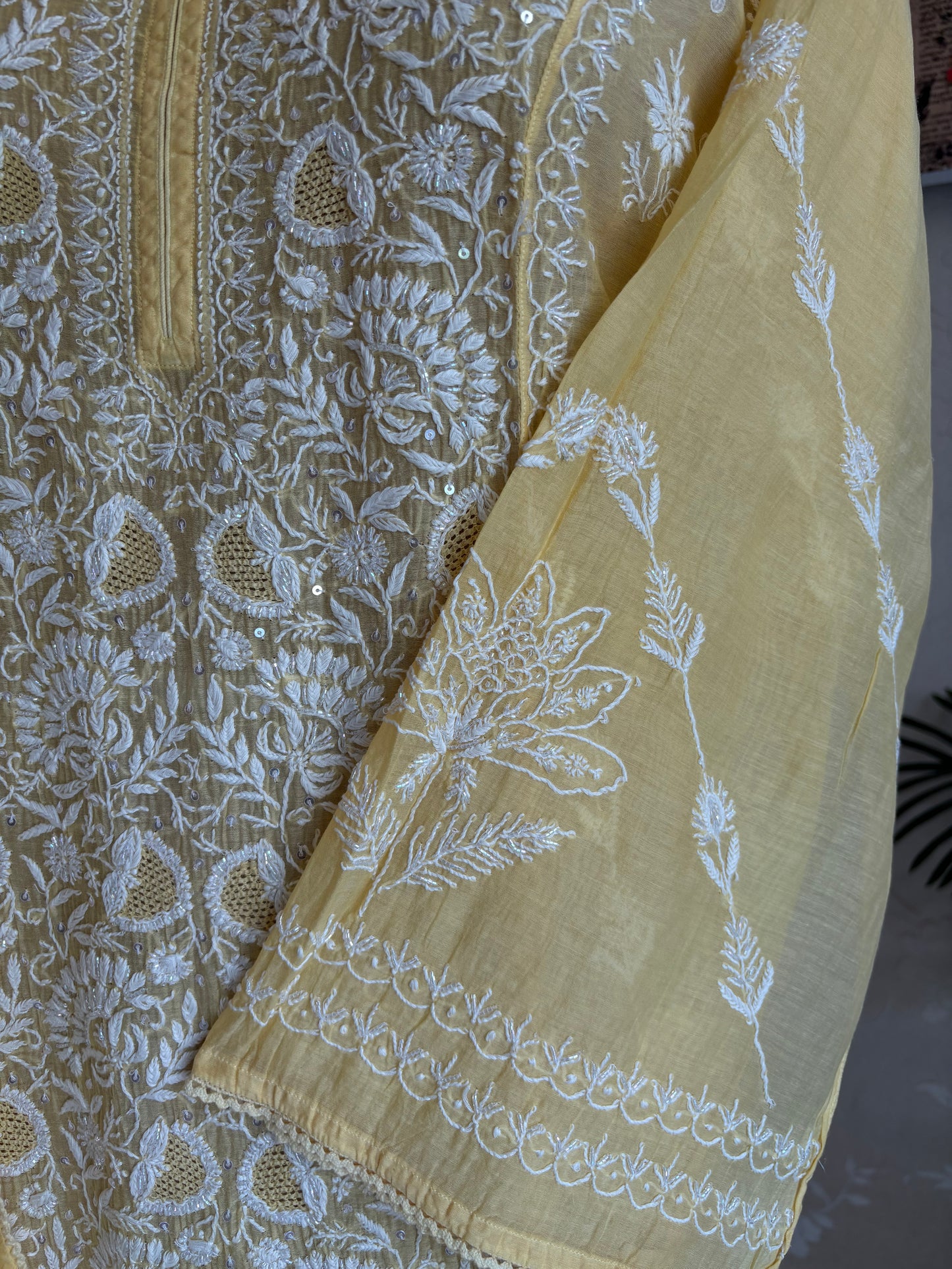 Yellow Chanderi Mul Chikankari Kurta and Dupatta