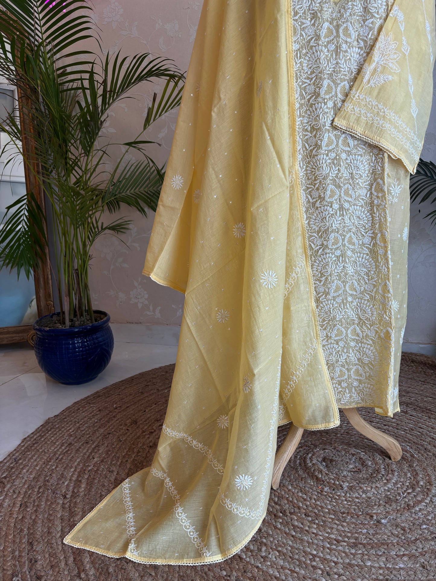 Yellow Chanderi Mul Chikankari Kurta and Dupatta