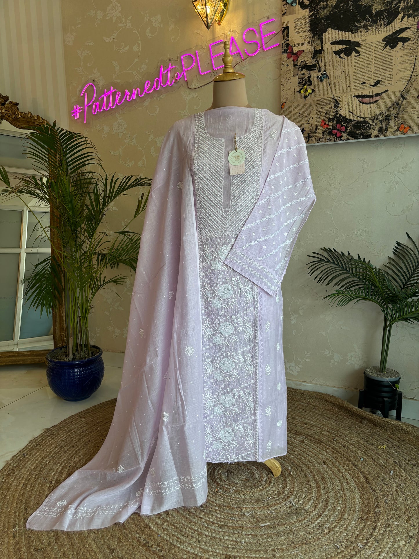 Lilac Chanderi Mul Chikankari Kurta and Dupatta