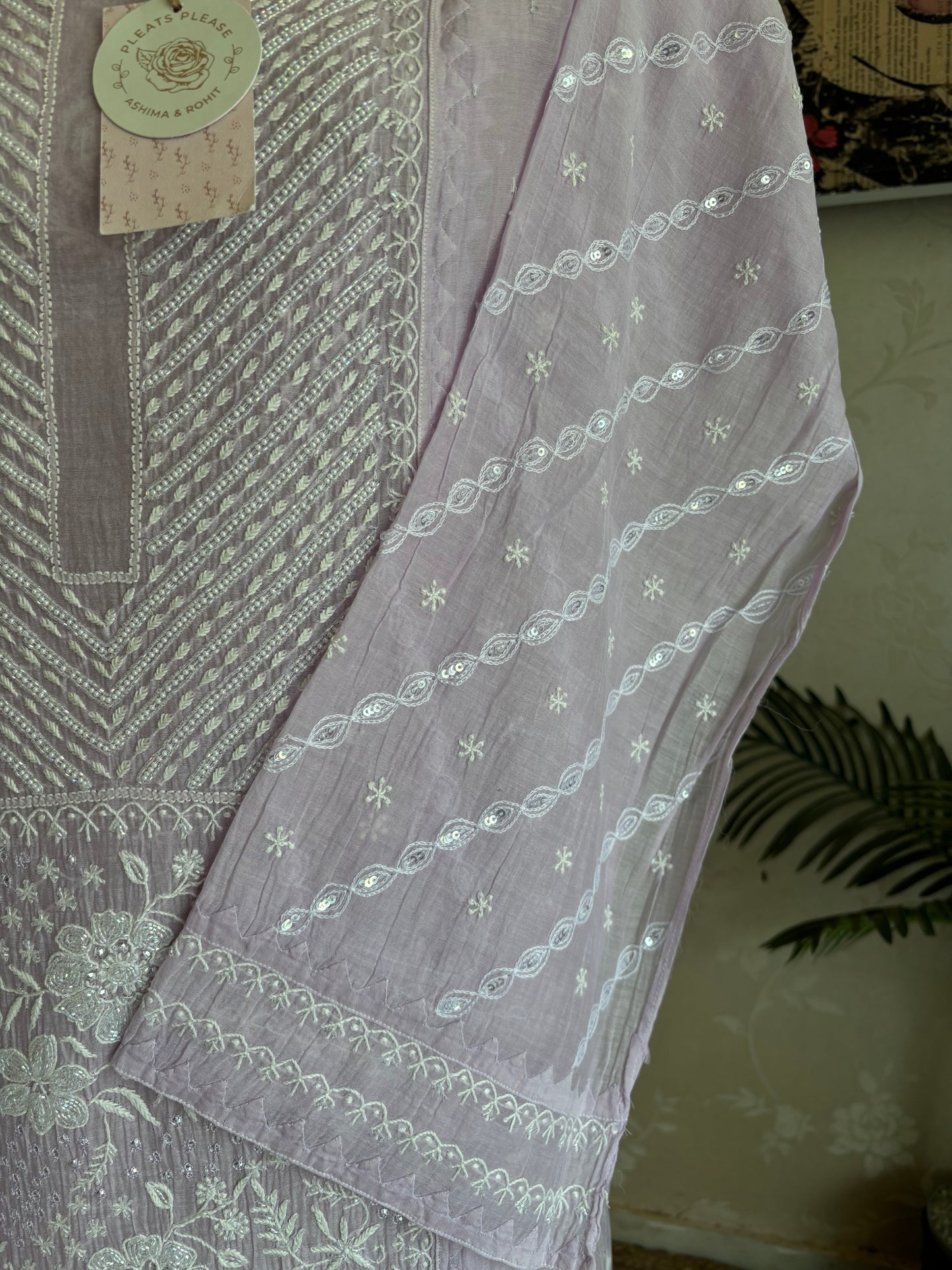 Lilac Chanderi Mul Chikankari Kurta and Dupatta