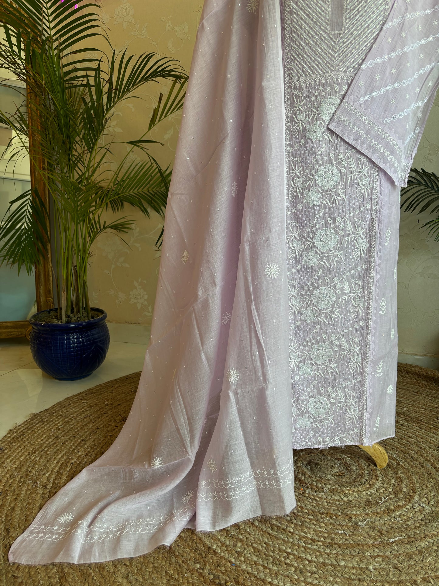 Lilac Chanderi Mul Chikankari Kurta and Dupatta