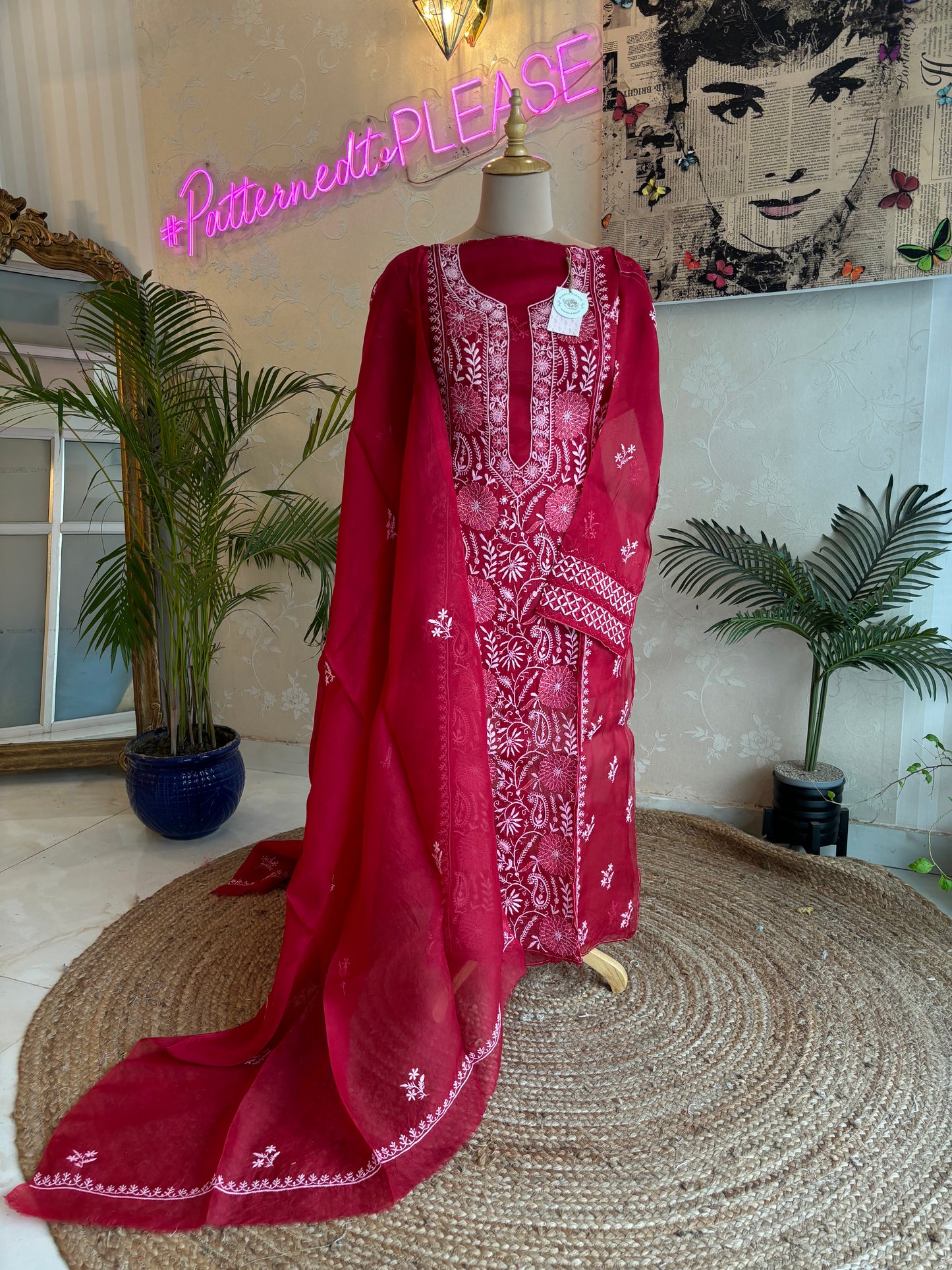 Cherry Red Organza Silk Chikankari Kurta and Dupatta