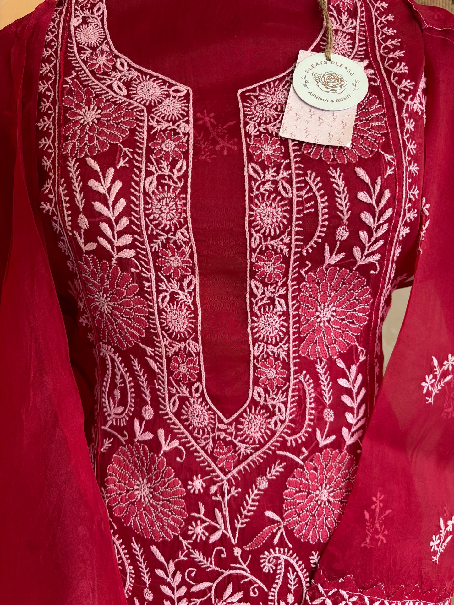 Cherry Red Organza Silk Chikankari Kurta and Dupatta