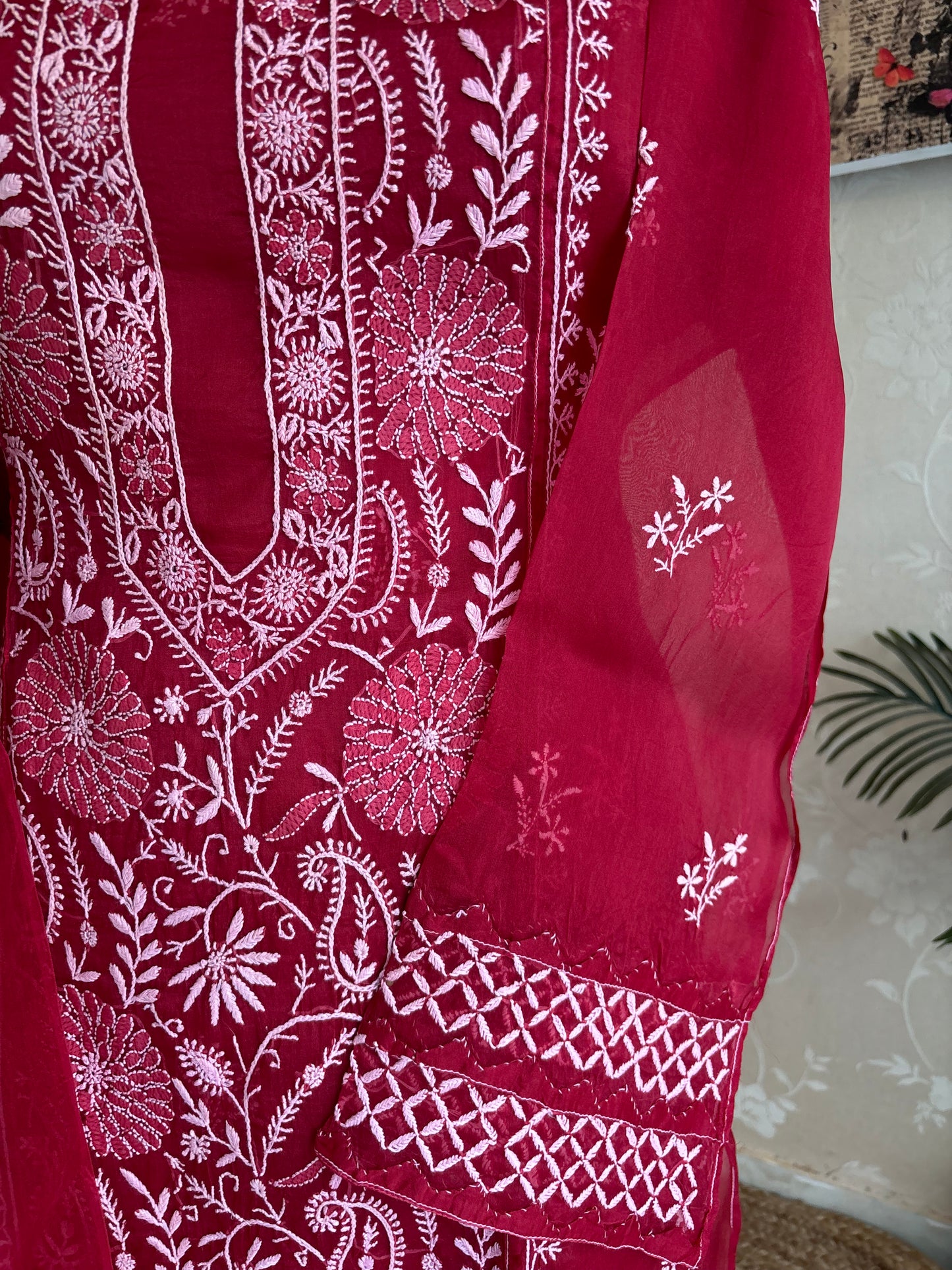 Cherry Red Organza Silk Chikankari Kurta and Dupatta