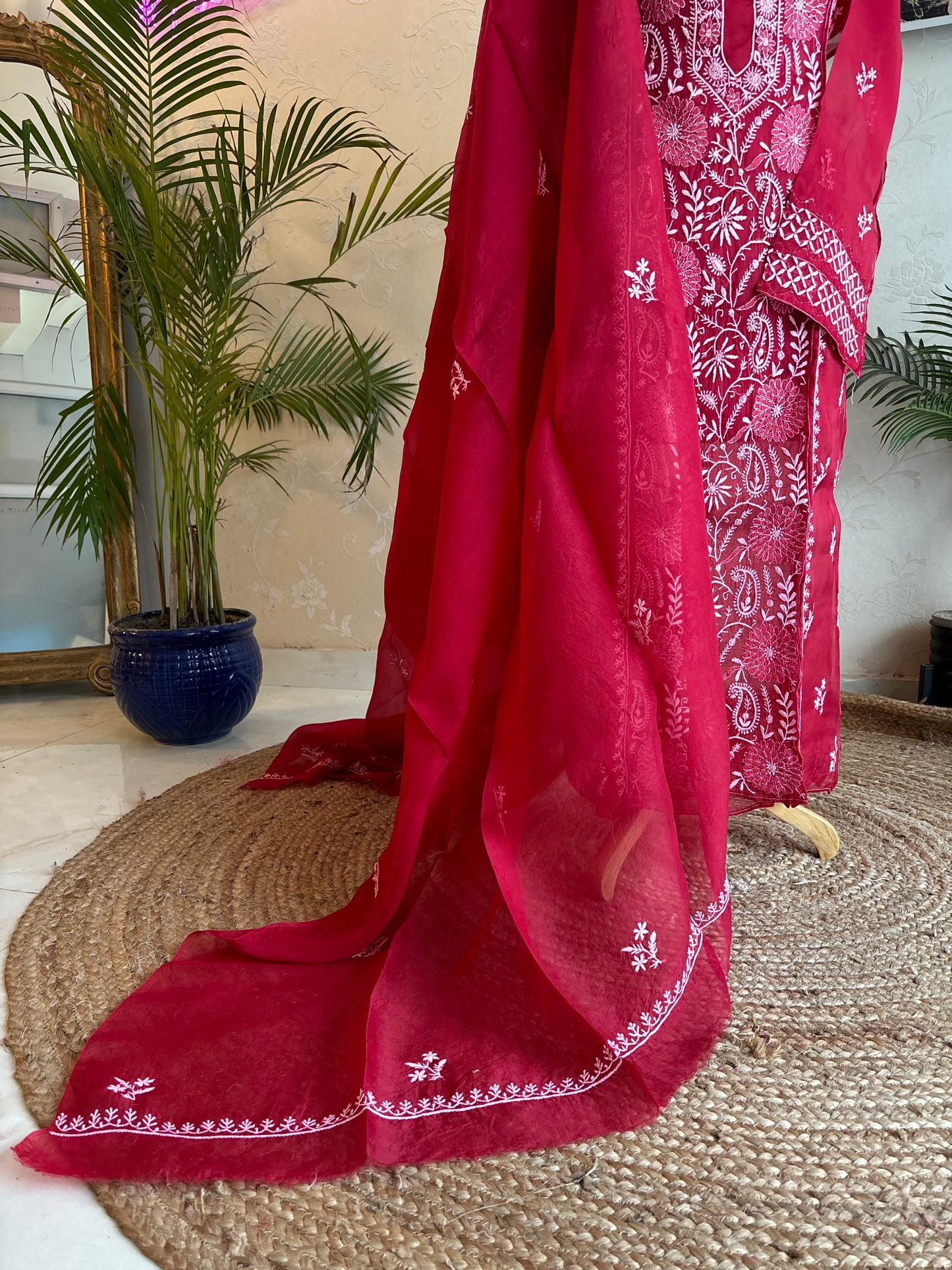 Cherry Red Organza Silk Chikankari Kurta and Dupatta