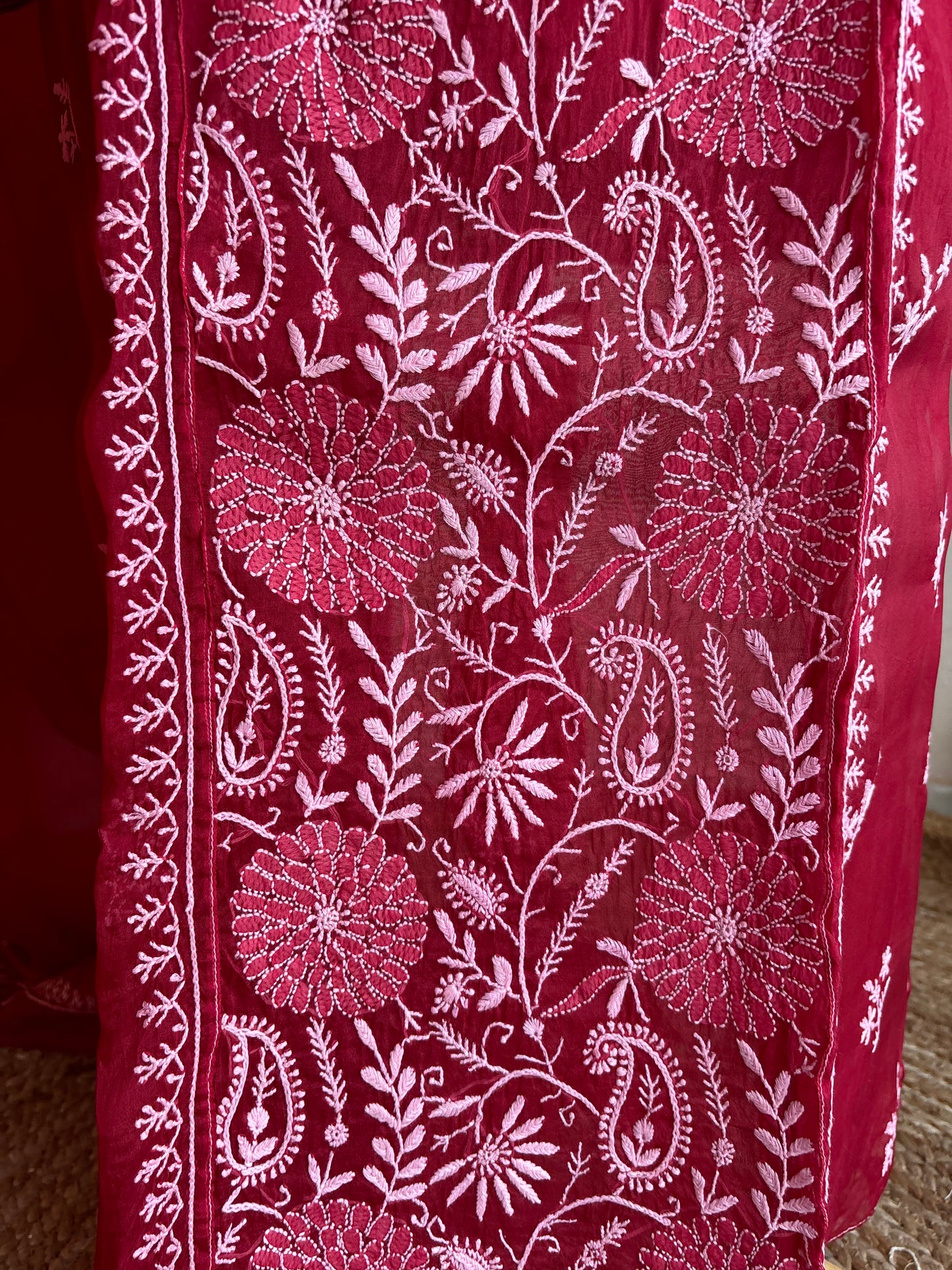 Cherry Red Organza Silk Chikankari Kurta and Dupatta