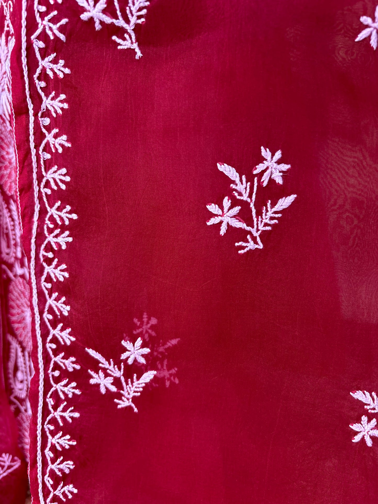 Cherry Red Organza Silk Chikankari Kurta and Dupatta