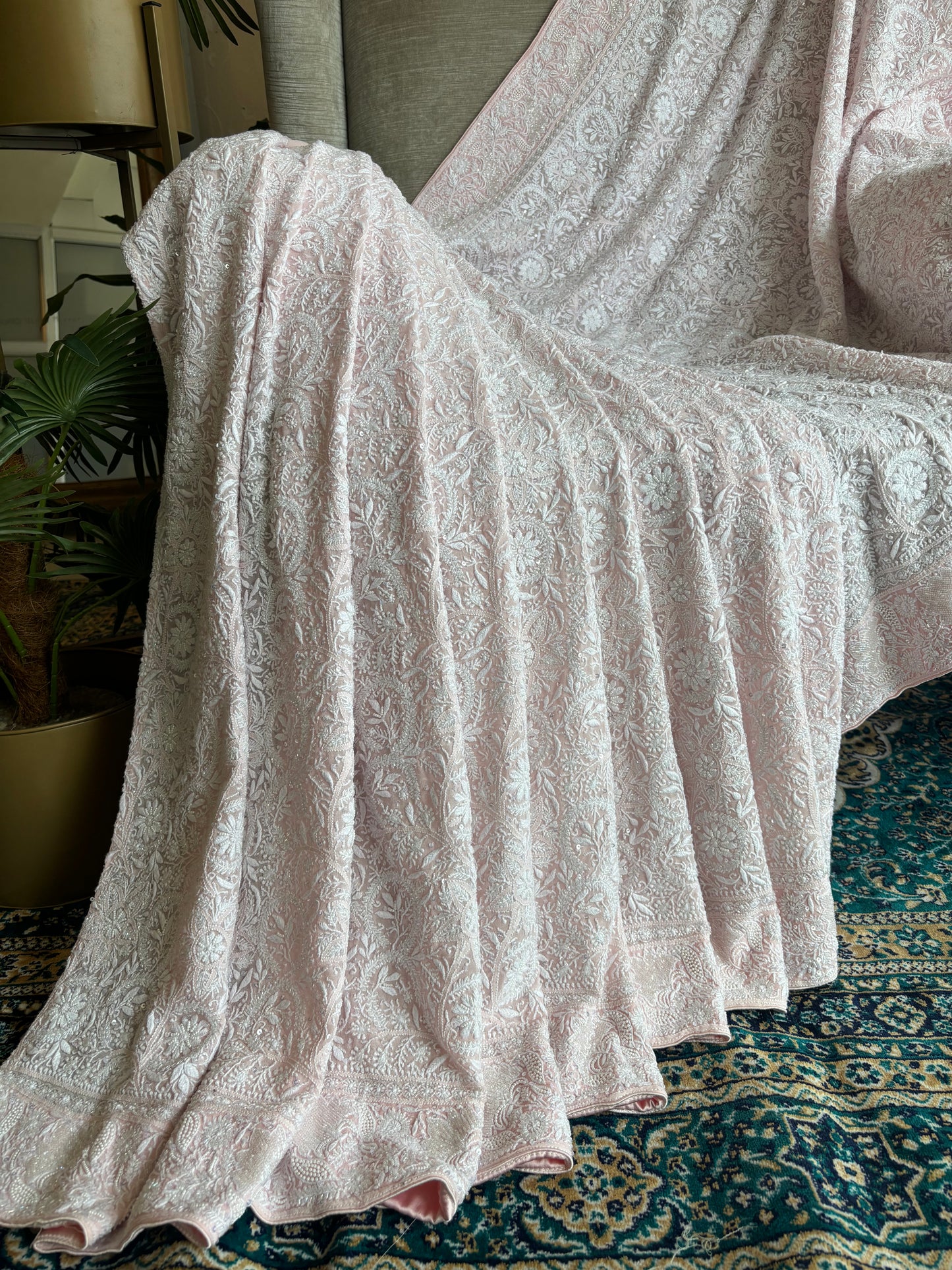 Blush Pink Pure Georgette Chikankari Saree and Blouse