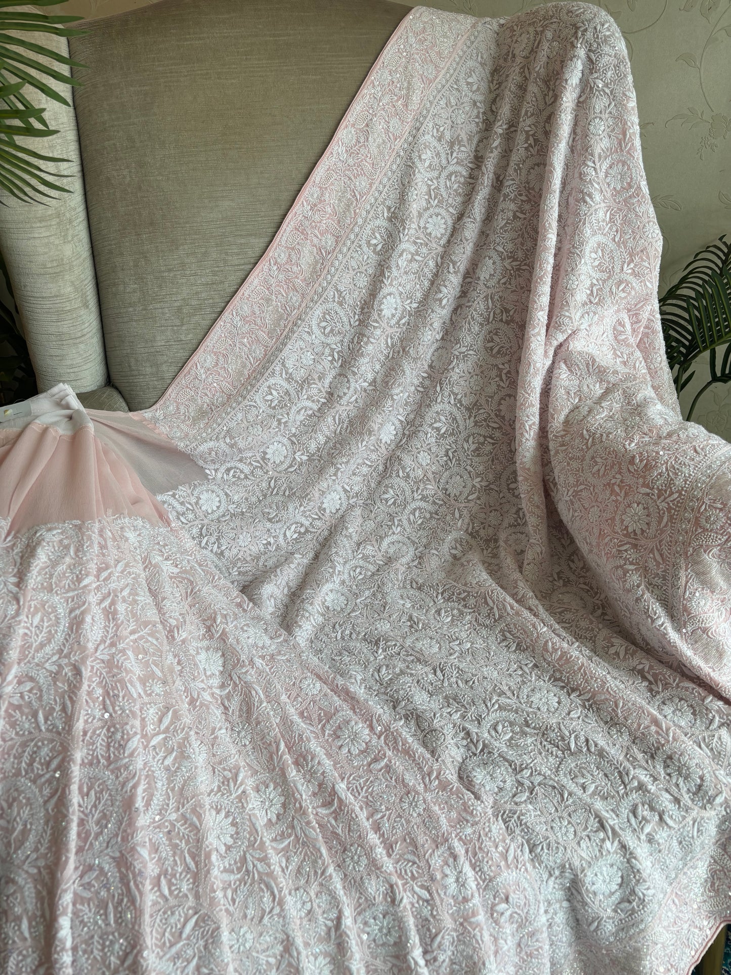 Blush Pink Pure Georgette Chikankari Saree and Blouse