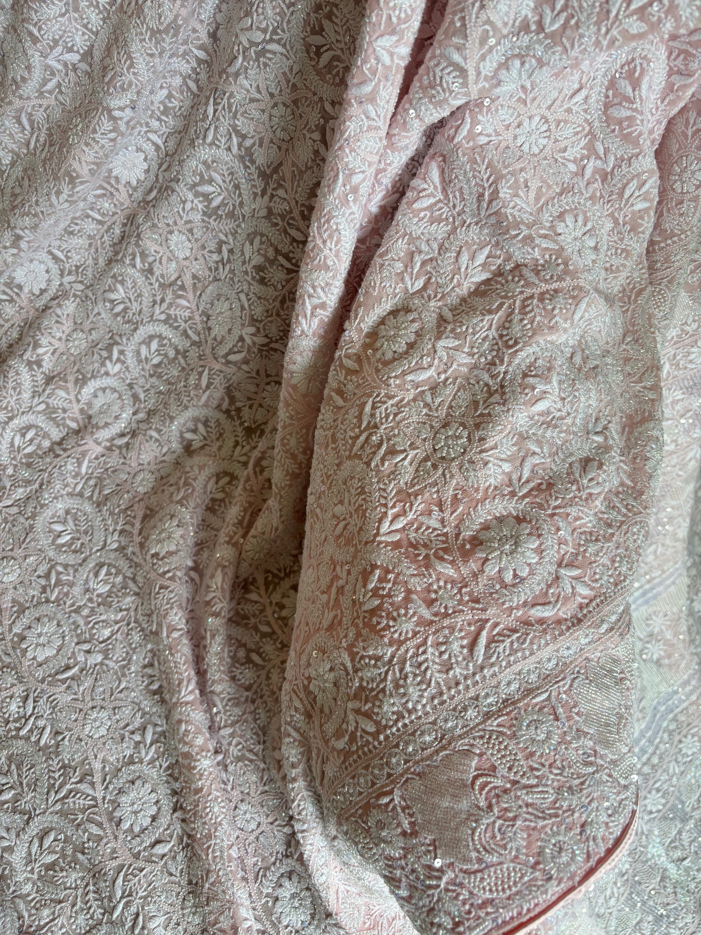 Blush Pink Pure Georgette Chikankari Saree and Blouse