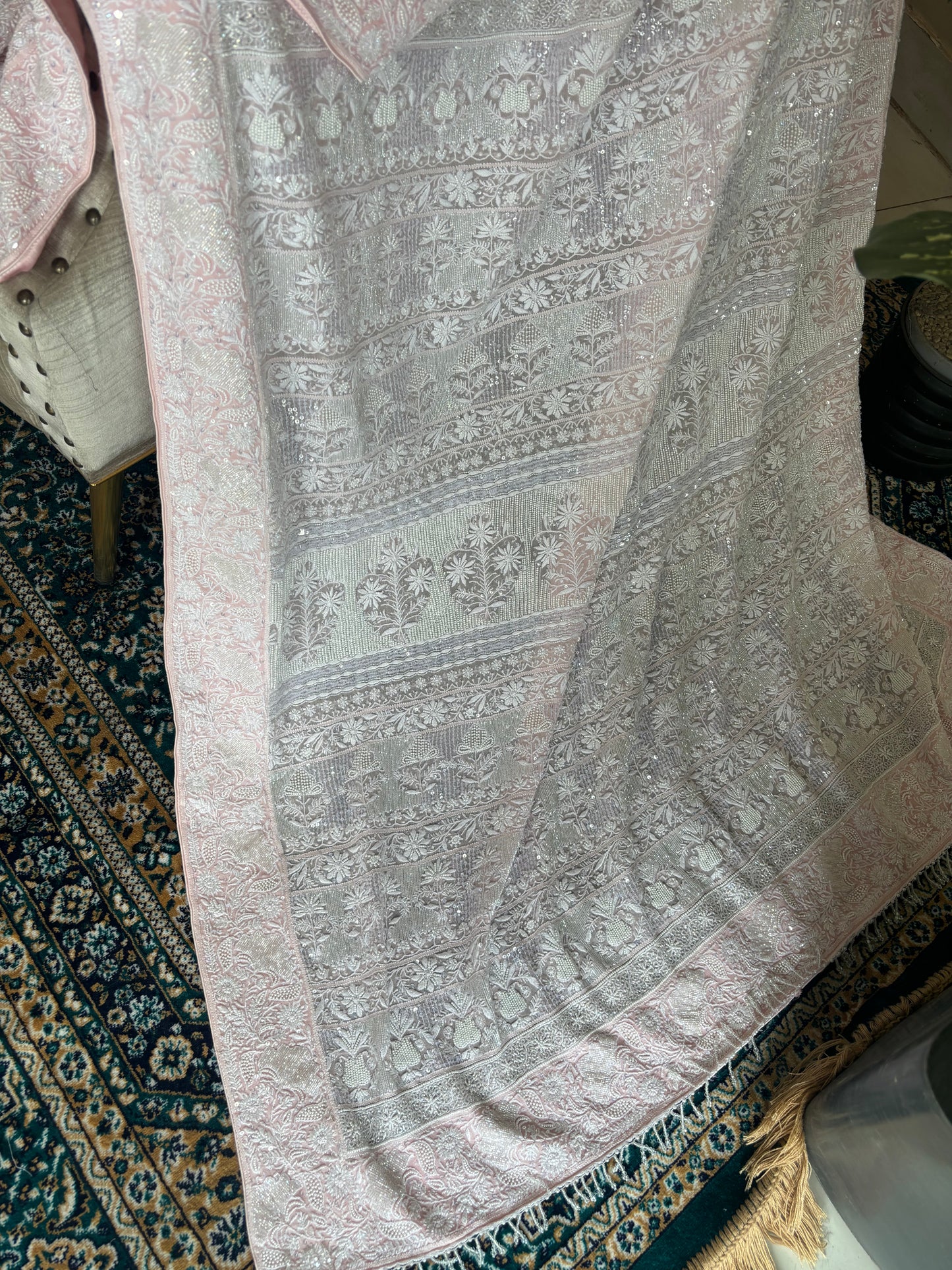 Blush Pink Pure Georgette Chikankari Saree and Blouse