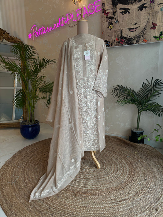 Latte Chanderi Mul Chikankari Kurta and Dupatta