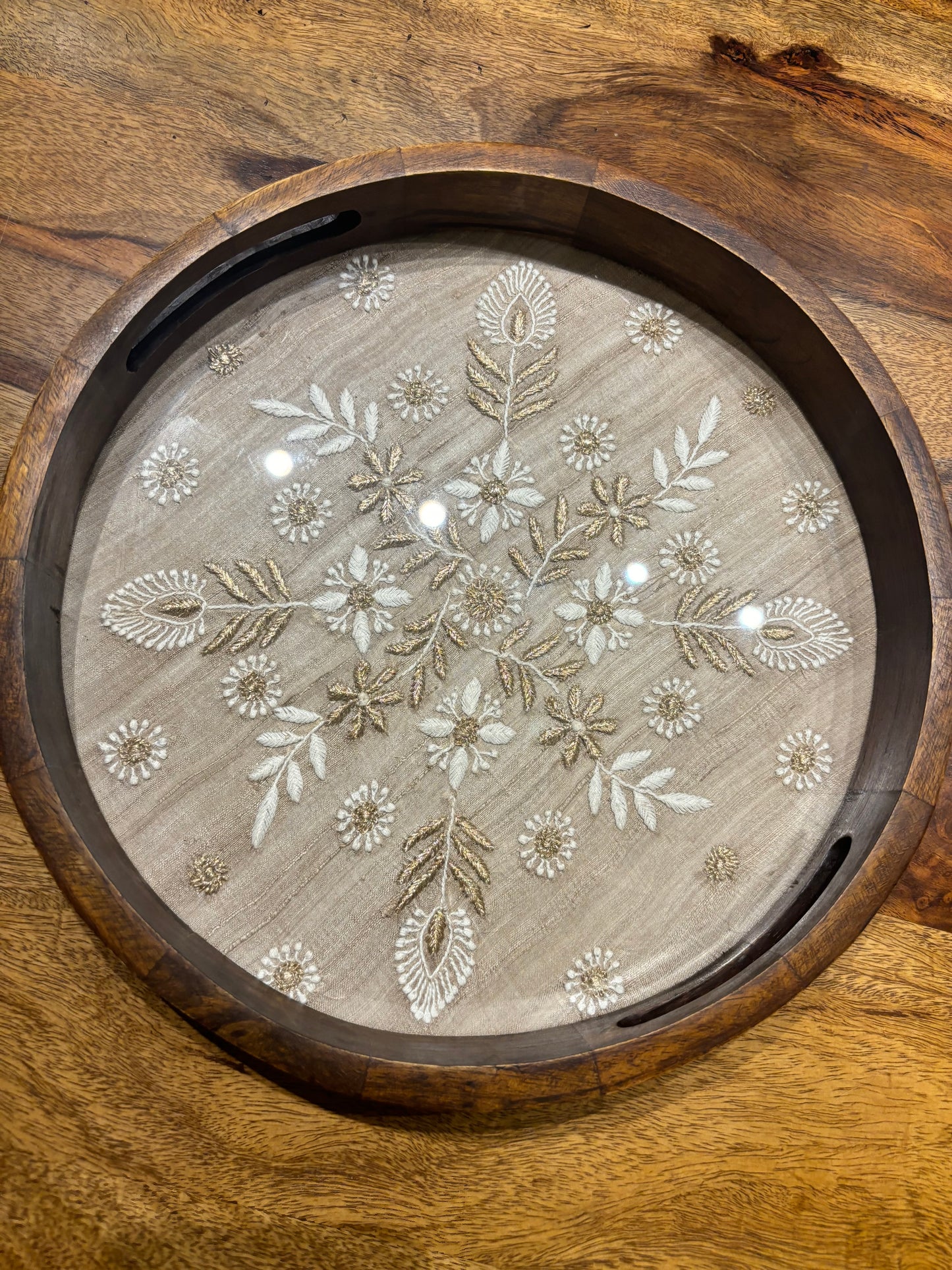 Fawn Silk Round Chikankari Tray