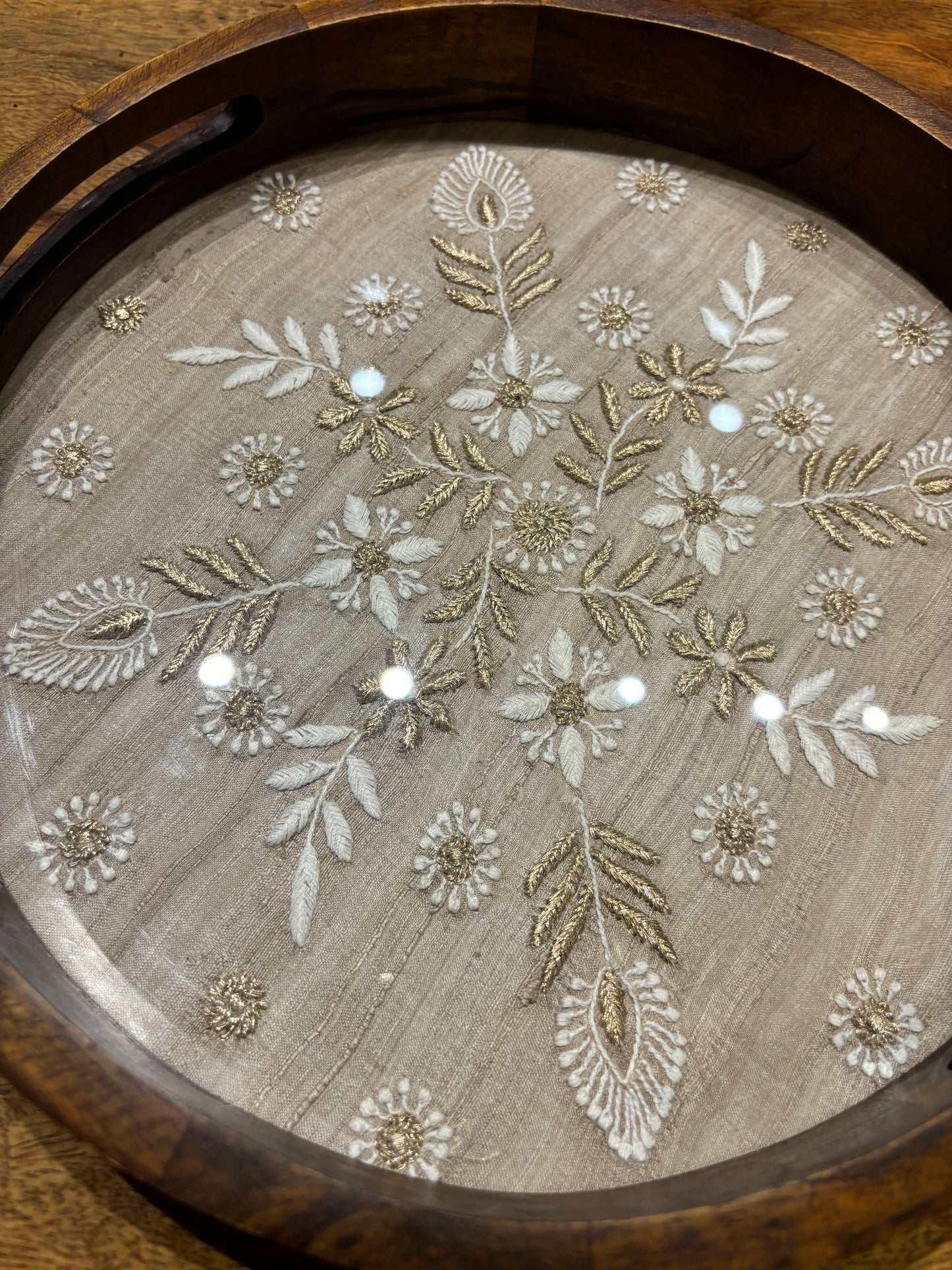 Fawn Silk Round Chikankari Tray