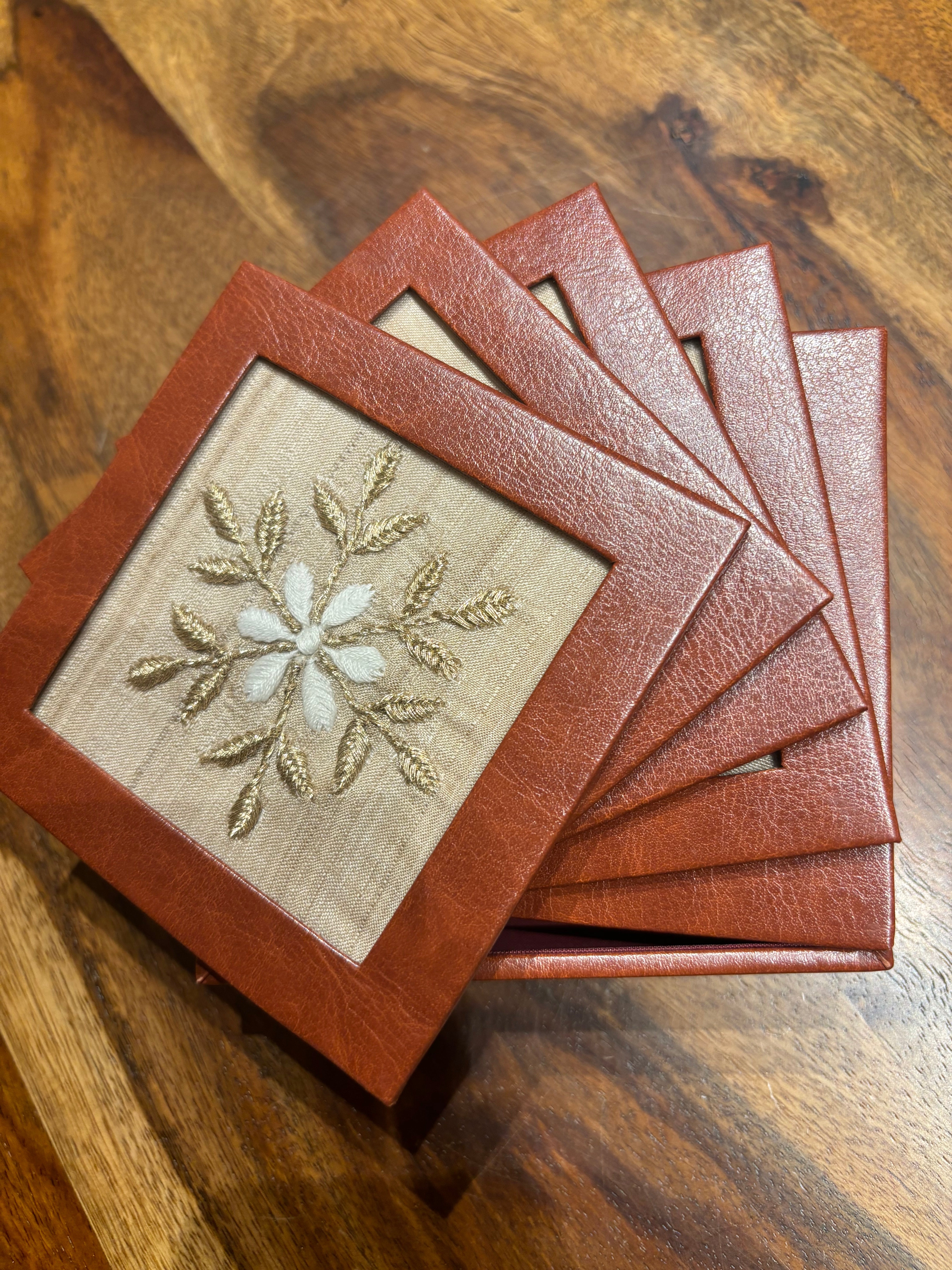 Fawn Silk Leather and Chikankari Coaster Set