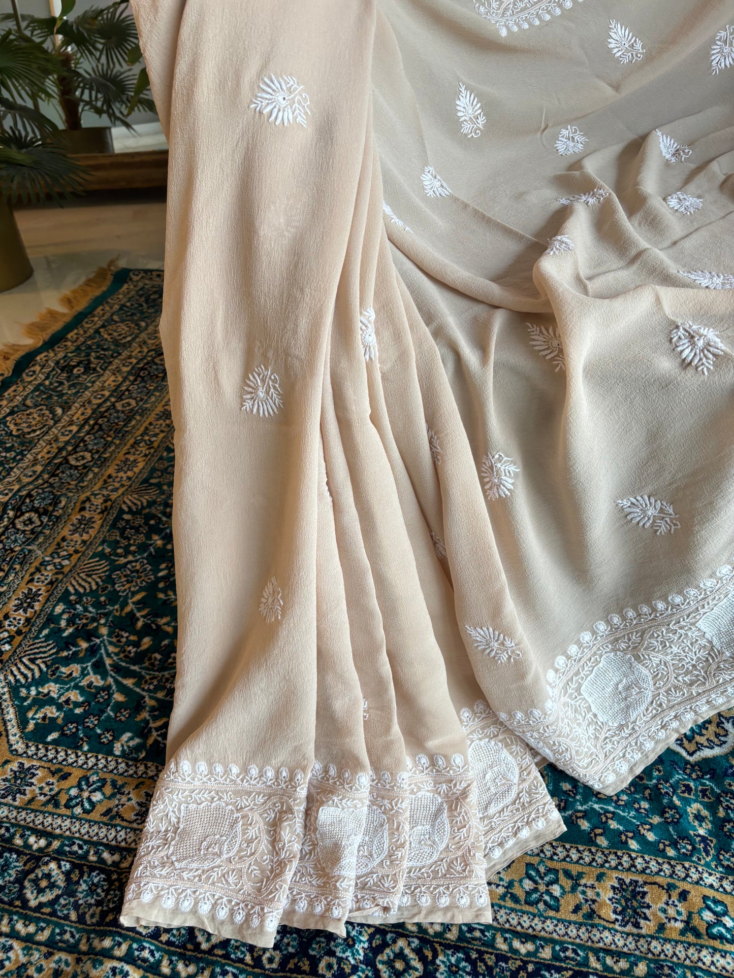 Latte Pure Georgette Chikankari Saree and Blouse