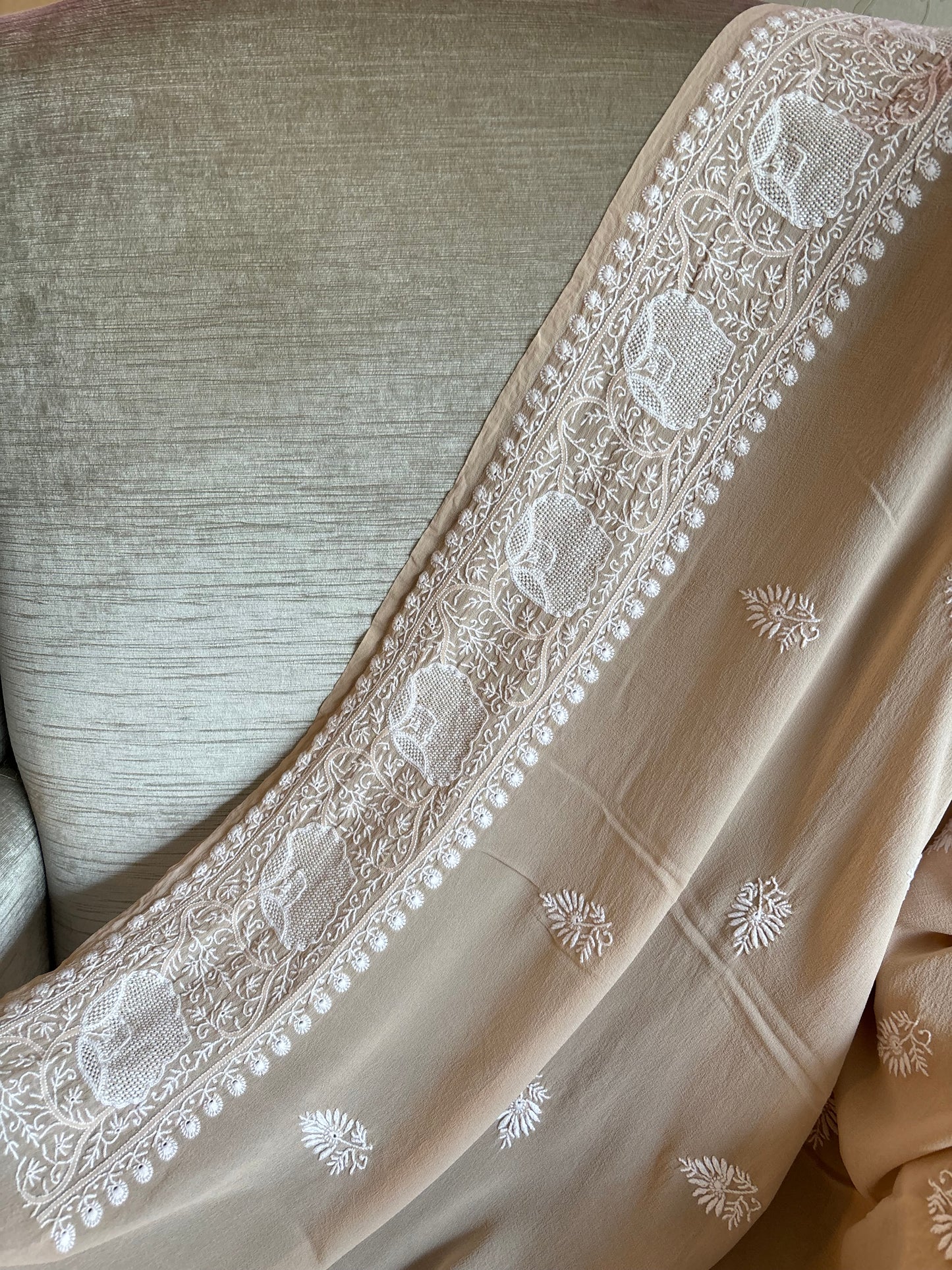 Latte Pure Georgette Chikankari Saree and Blouse