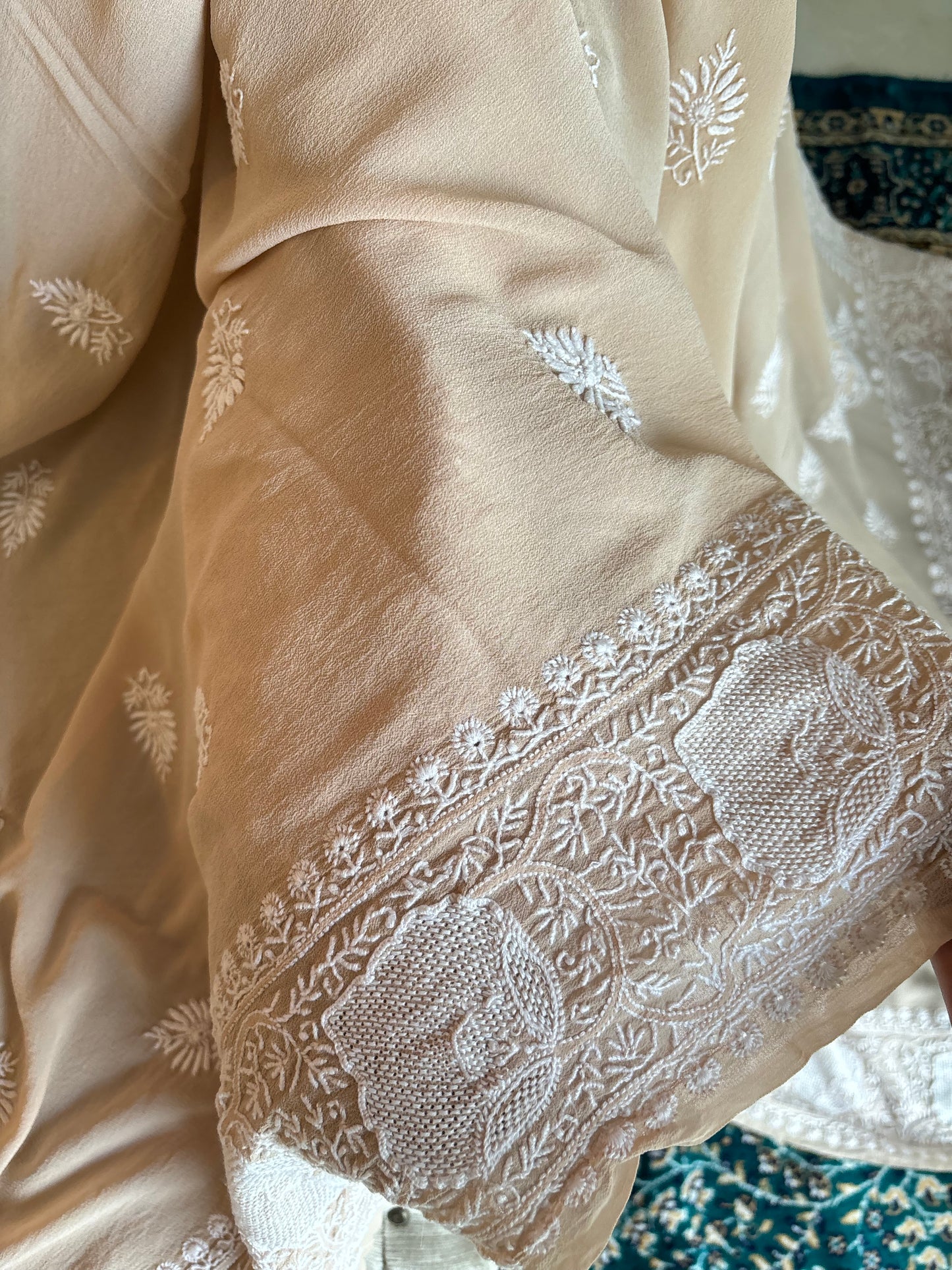 Latte Pure Georgette Chikankari Saree and Blouse