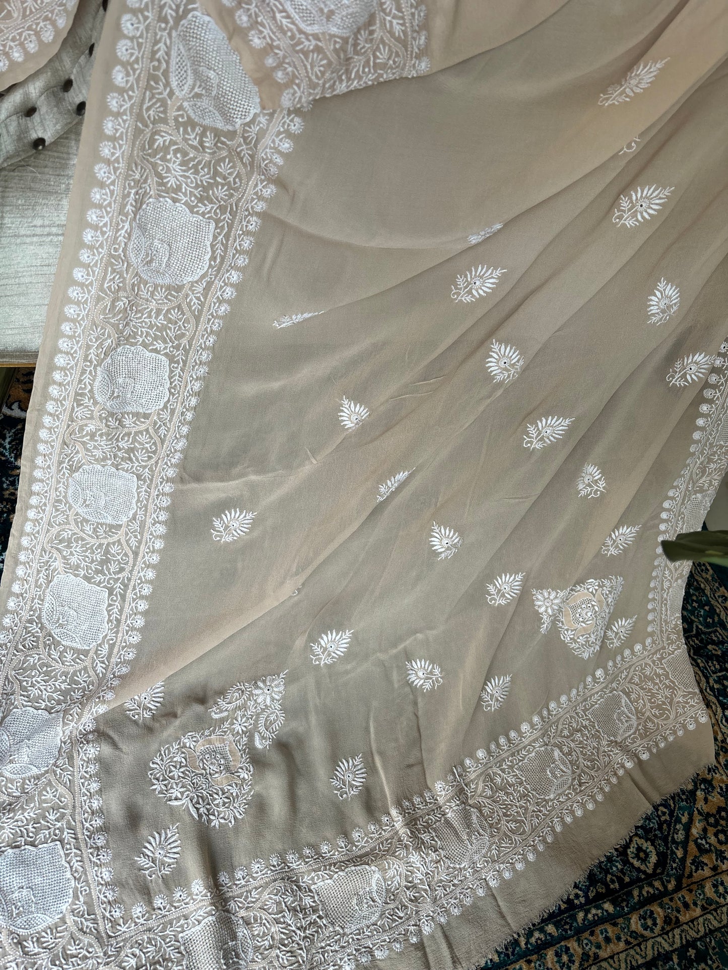 Latte Pure Georgette Chikankari Saree and Blouse