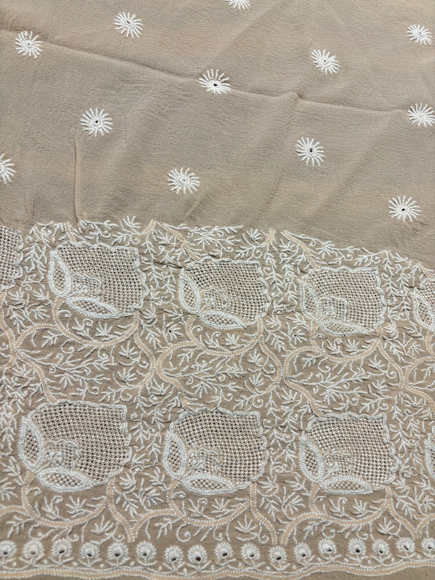 Latte Pure Georgette Chikankari Saree and Blouse