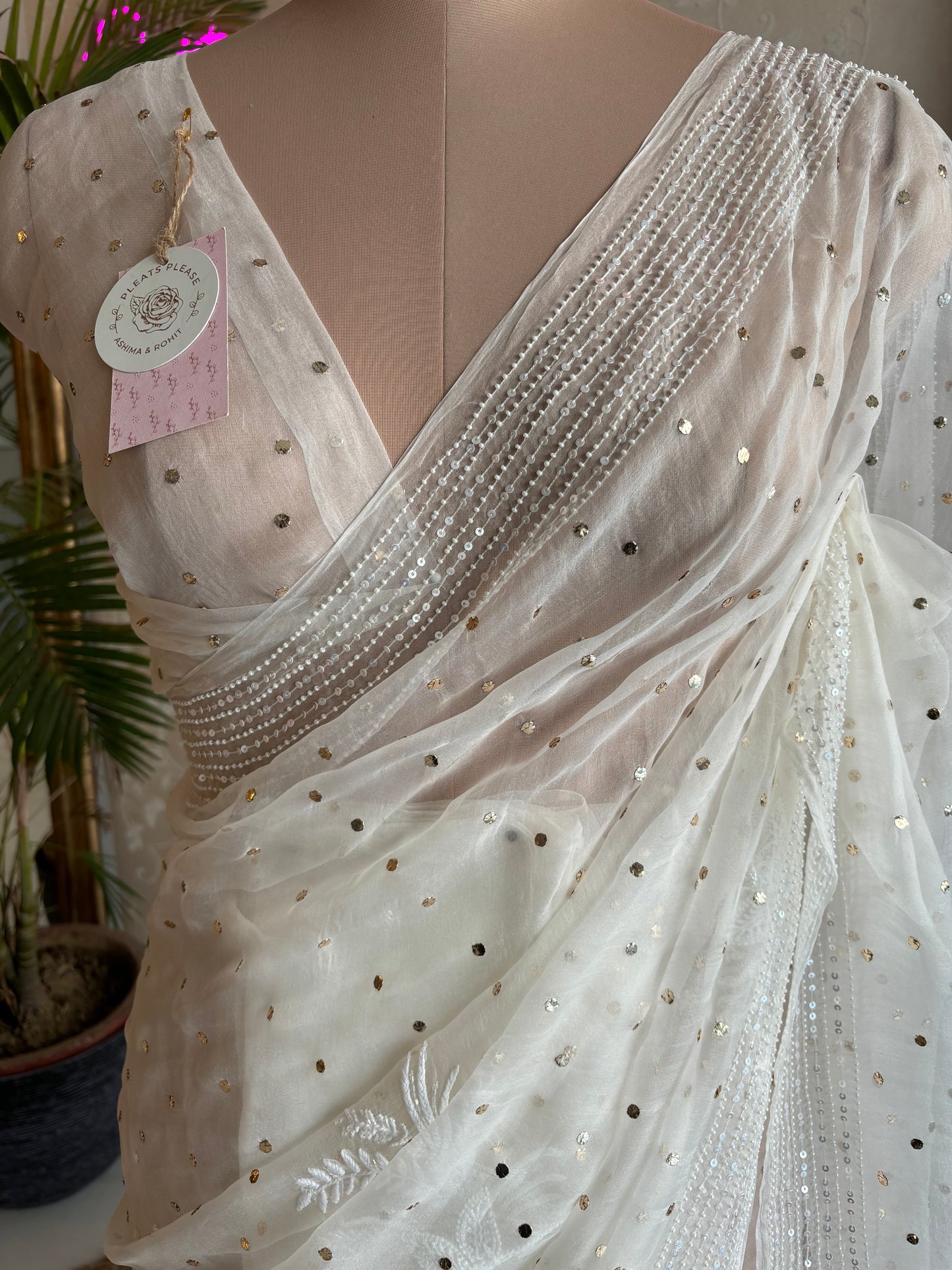 Dyeable Pure Organza Badla Chikankari Saree