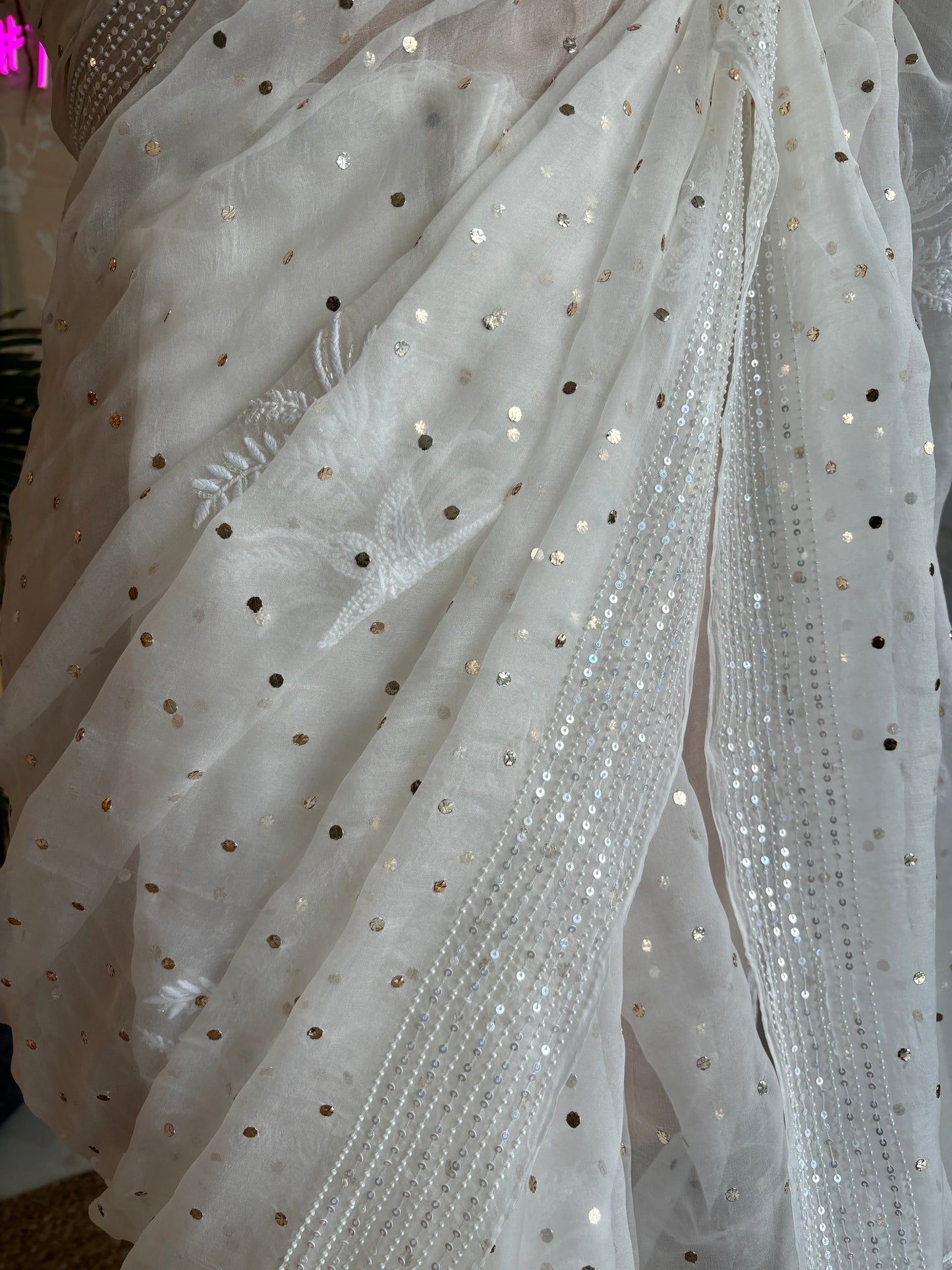 Dyeable Pure Organza Badla Chikankari Saree