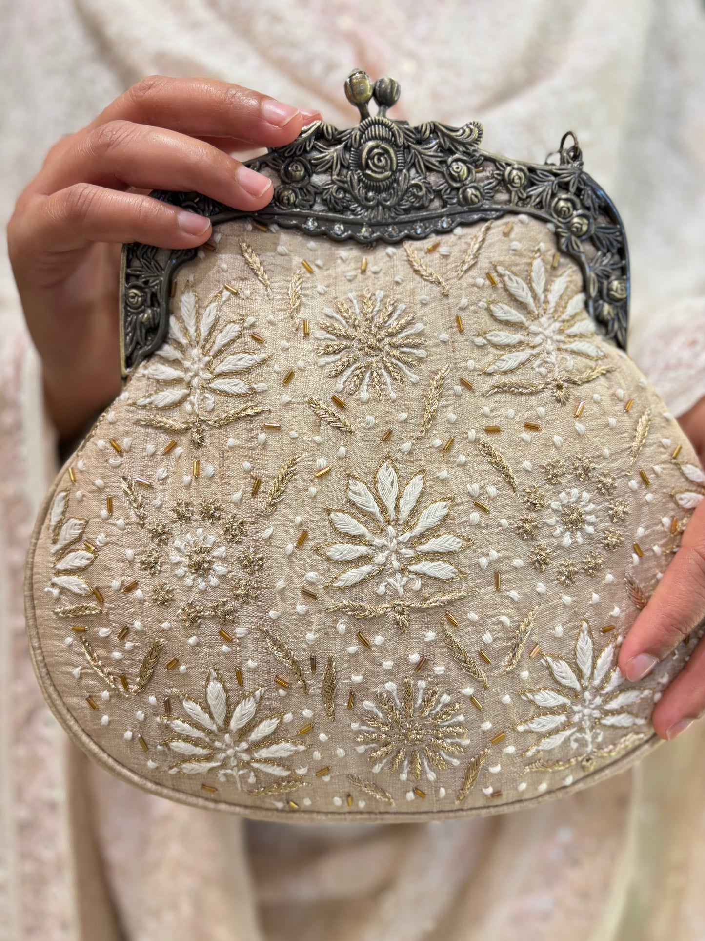 Beige Silk Chikankari Clutch Bag