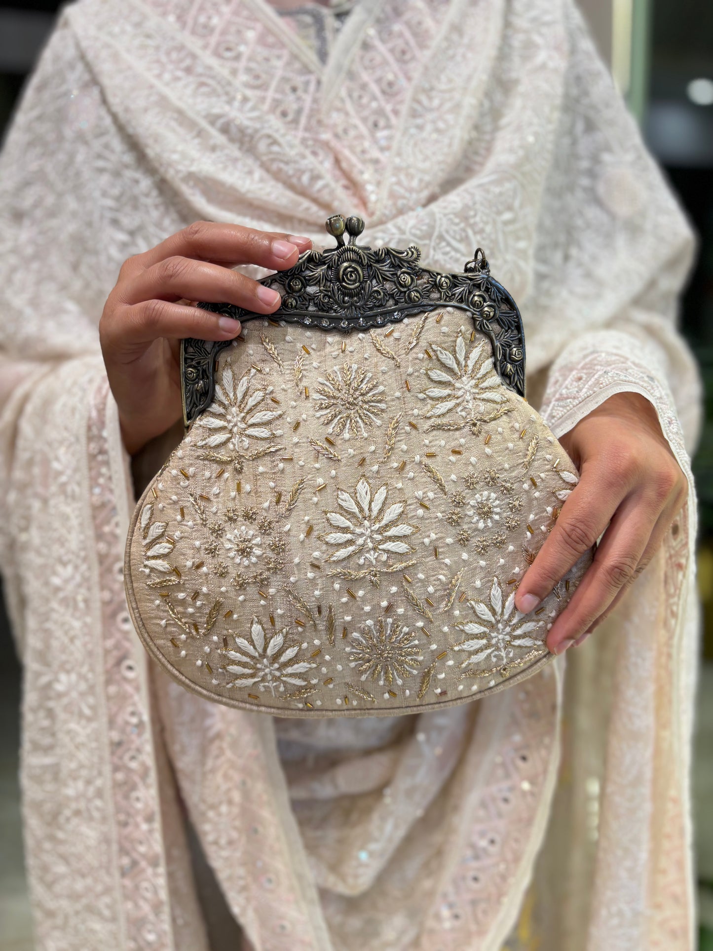 Beige Silk Chikankari Clutch Bag