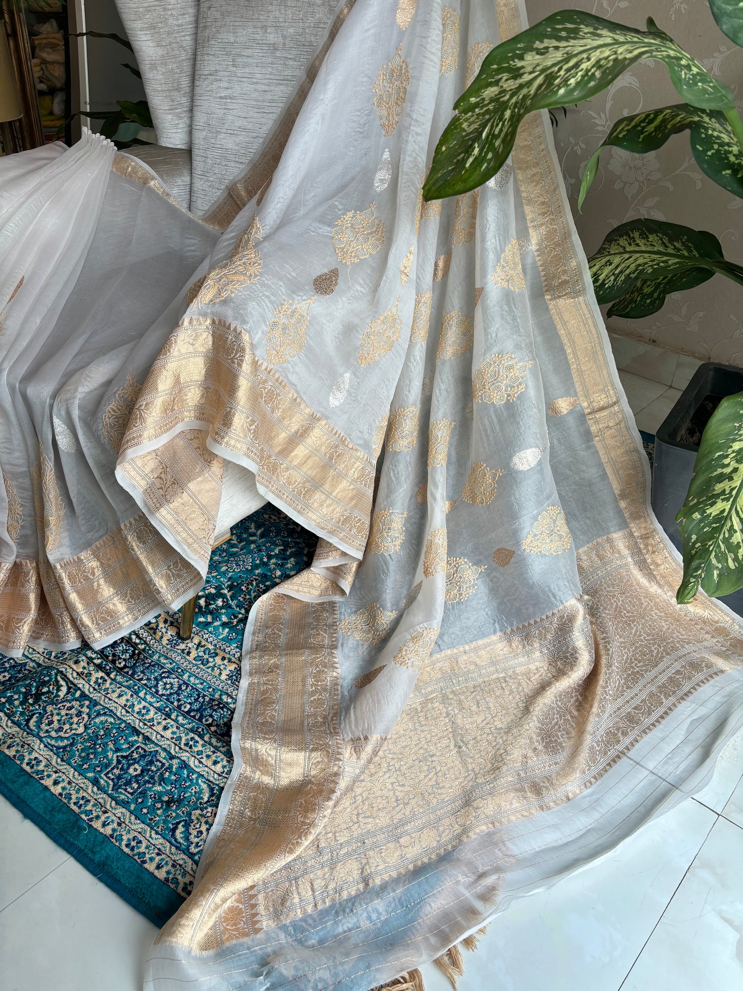 Dyeable Organza Silk Banarsi and Chikankari Saree and Blouse