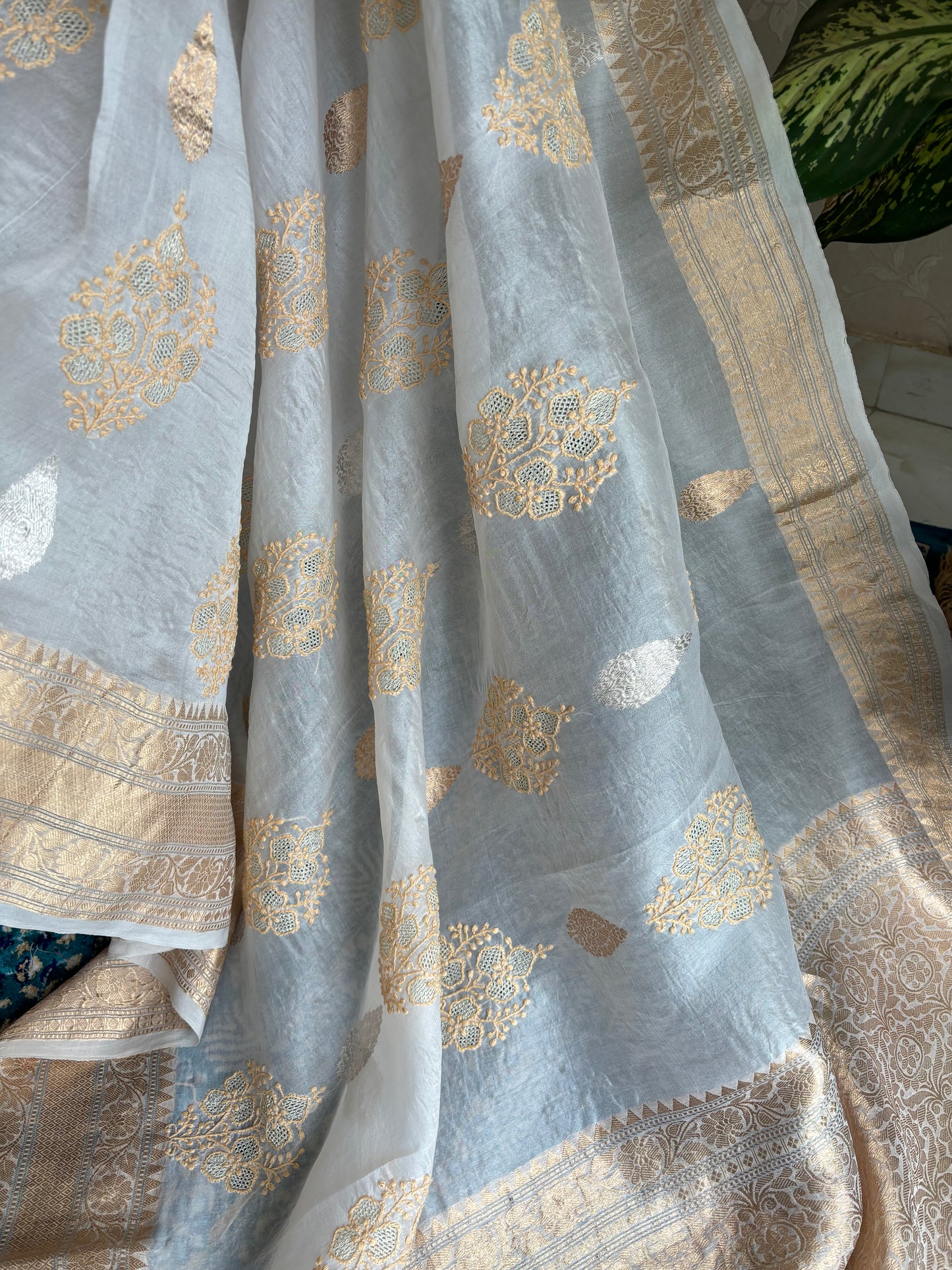 Dyeable Organza Silk Banarsi and Chikankari Saree and Blouse